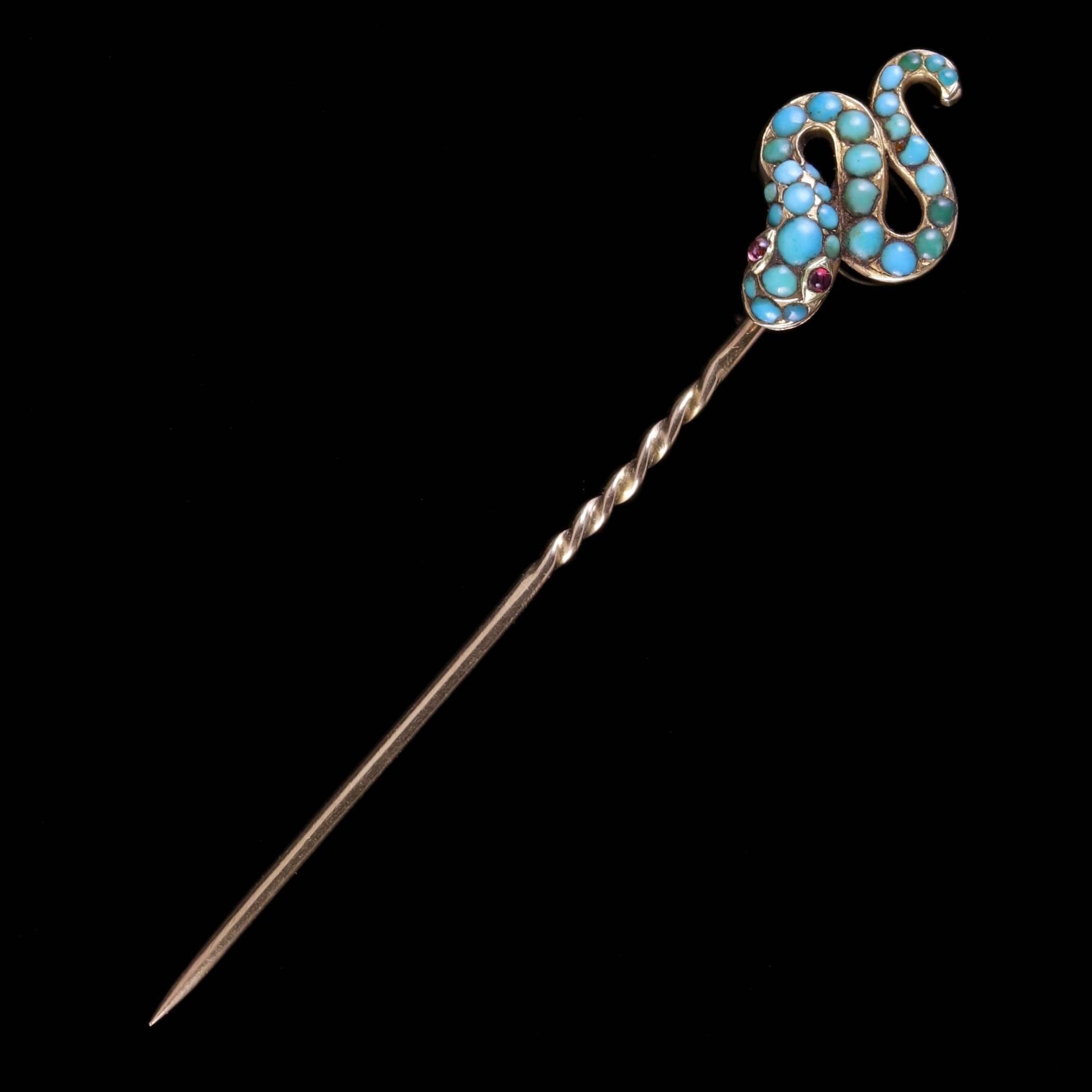 To read more please click continue reading below-

This one of a kind antique Victorian 18ct Gold Turquoise Snake Pin is Circa 1880.

The wonderful pin is adorned with a fabulous snake at the top which is adorned with lovely Turquoise stones and