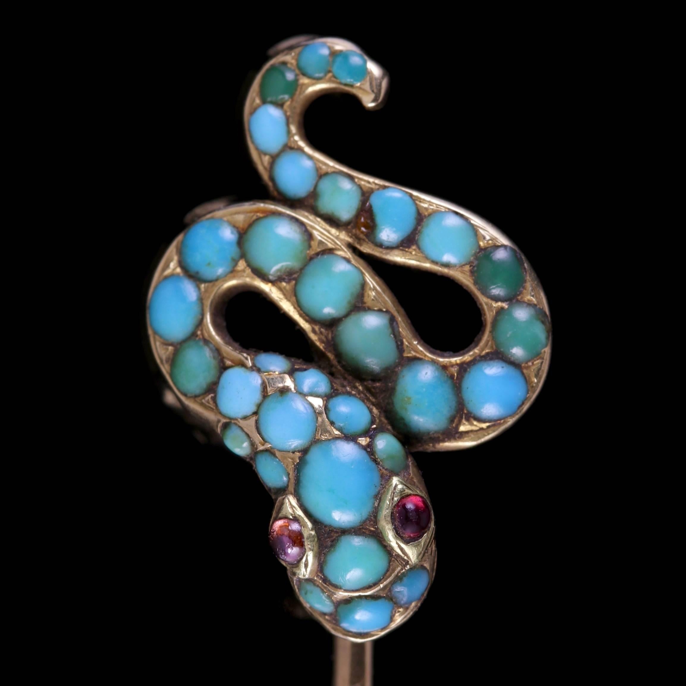Antique Victorian 18 Carat Gold Turquoise Snake Pin, circa 1880 Boxed In Excellent Condition In Lancaster, Lancashire