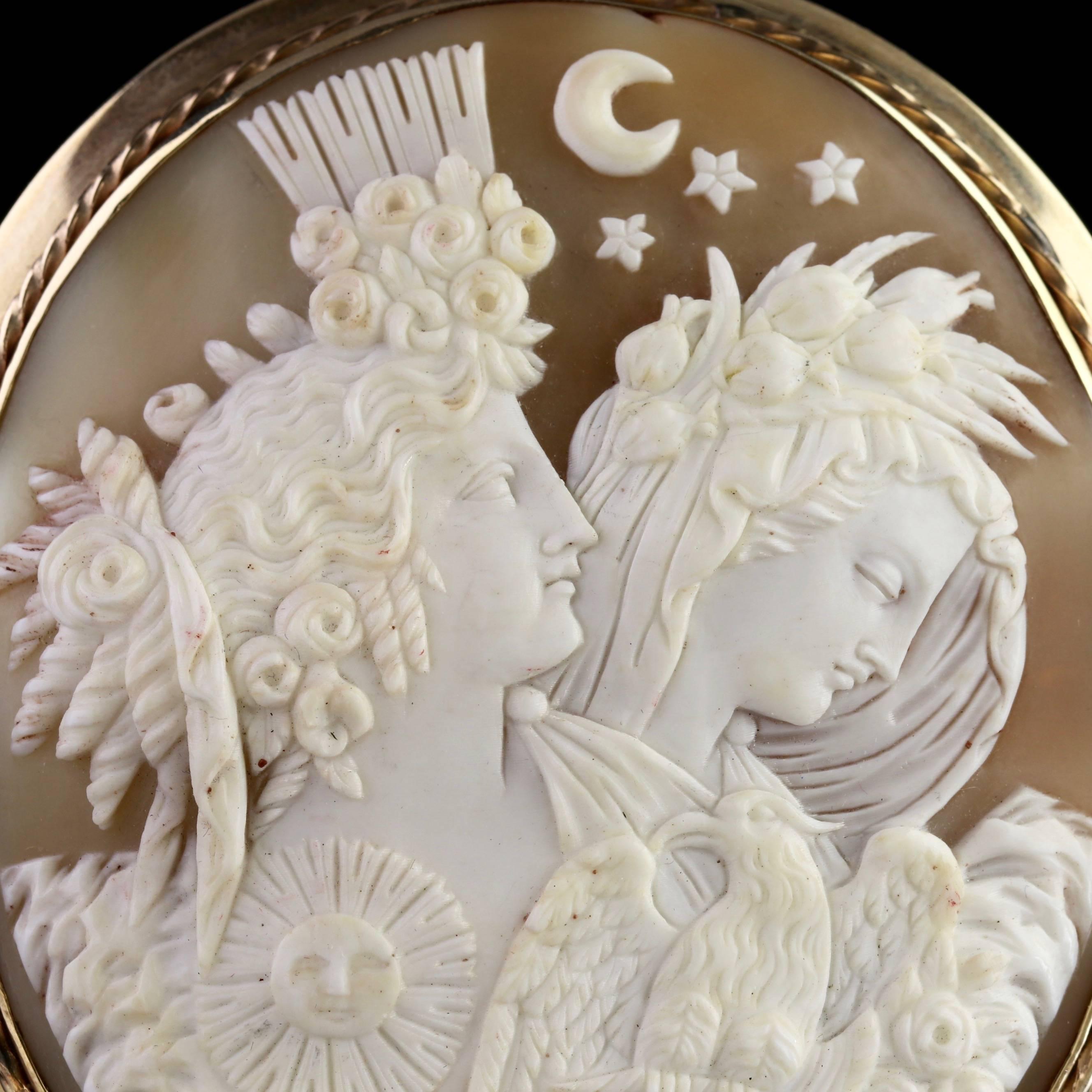To read more please click continue reading below-

This fabulous large Antique Victorian 15ct Gold hand carved Cameo brooch is Circa 1860.

Set with lovely detail, this fabulous Cameo depicts the Greek mythological scene night and day in which Nyx -