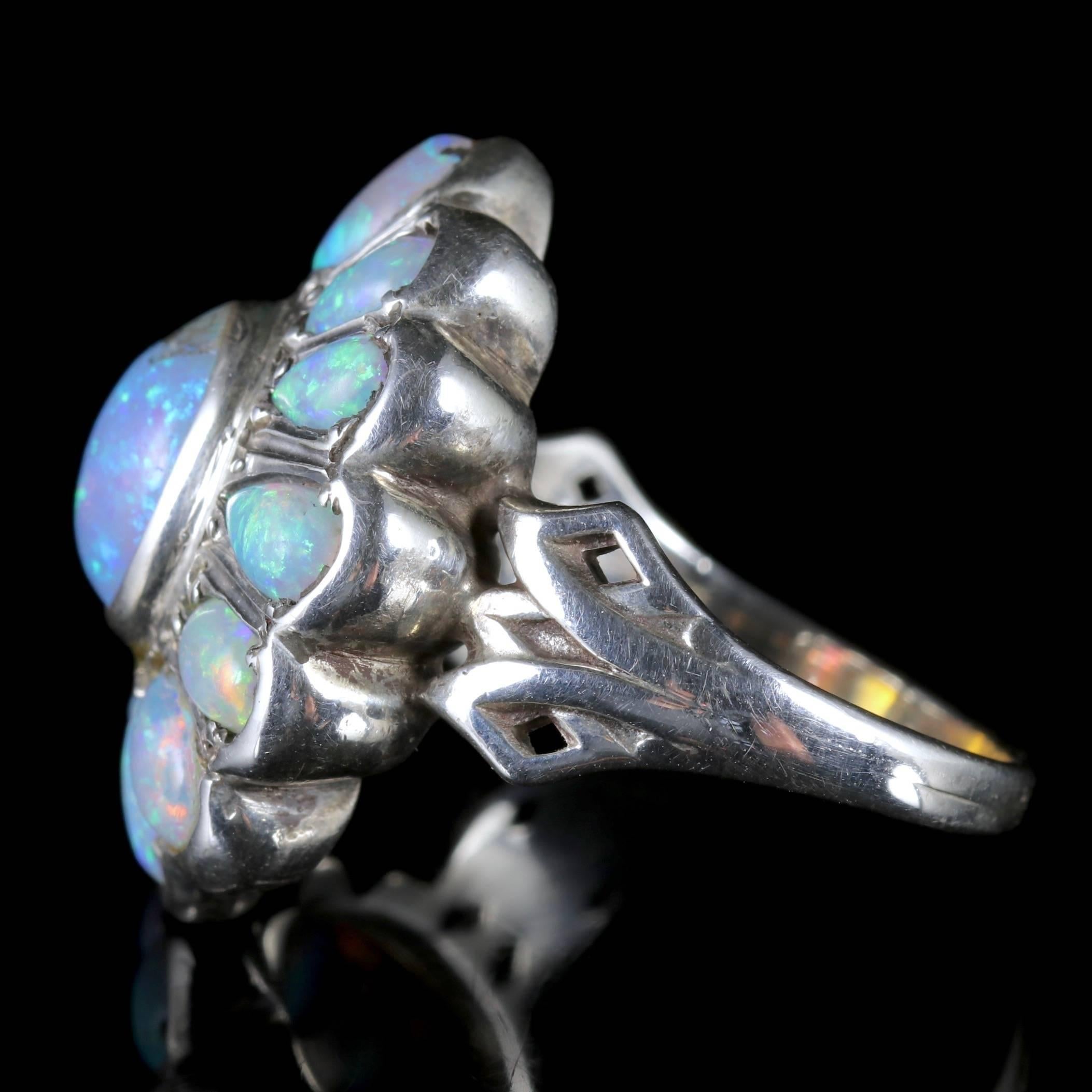 Antique French Victorian Opal Silver Cluster Ring, circa 1900 In Excellent Condition In Lancaster, Lancashire