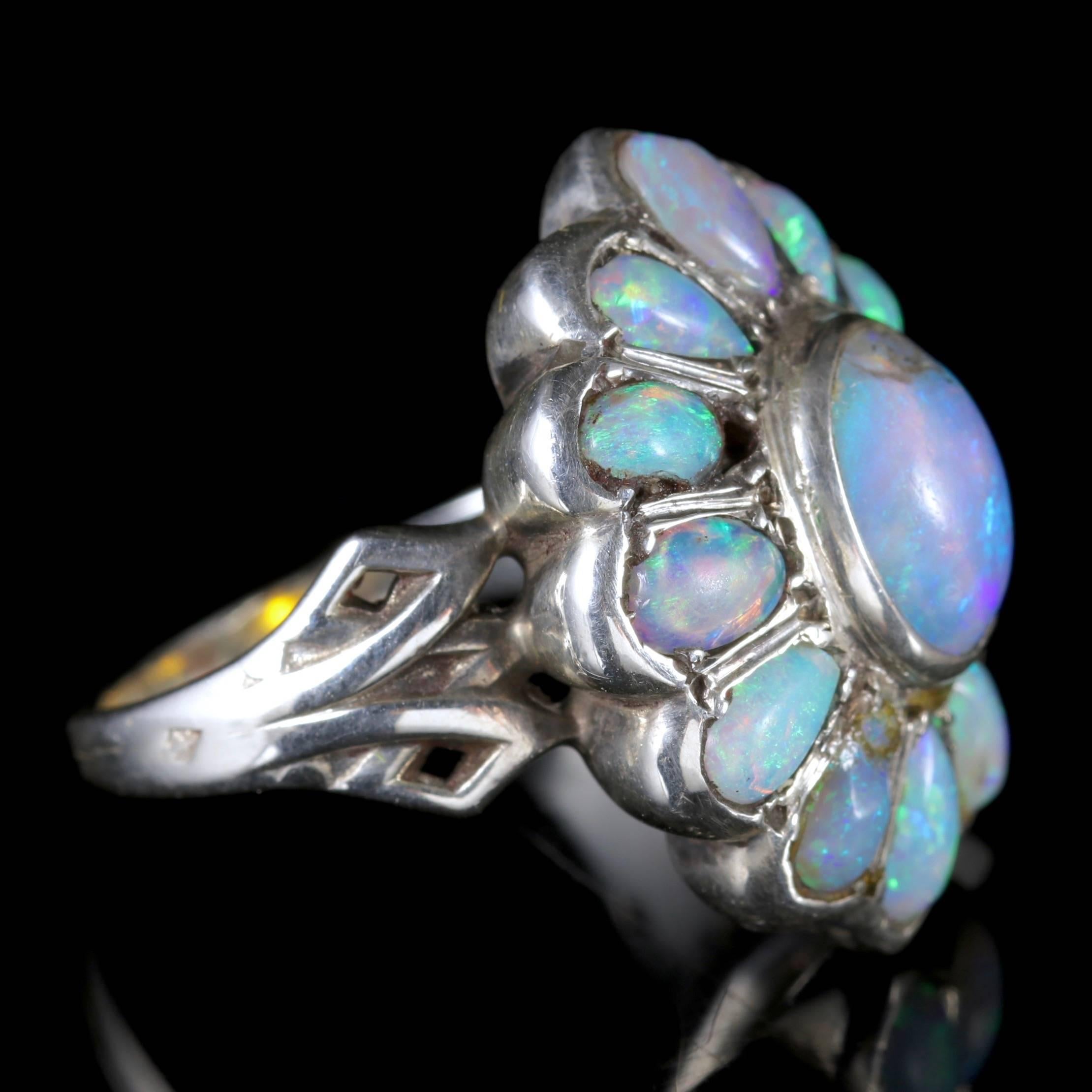 Antique French Victorian Opal Silver Cluster Ring, circa 1900 1
