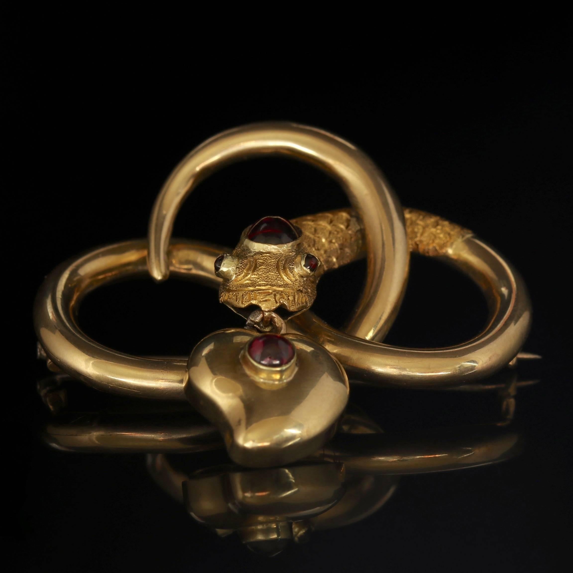 Women's Antique Georgian 18 Carat Gold Garnet Snake Brooch Mourning Witches Heart
