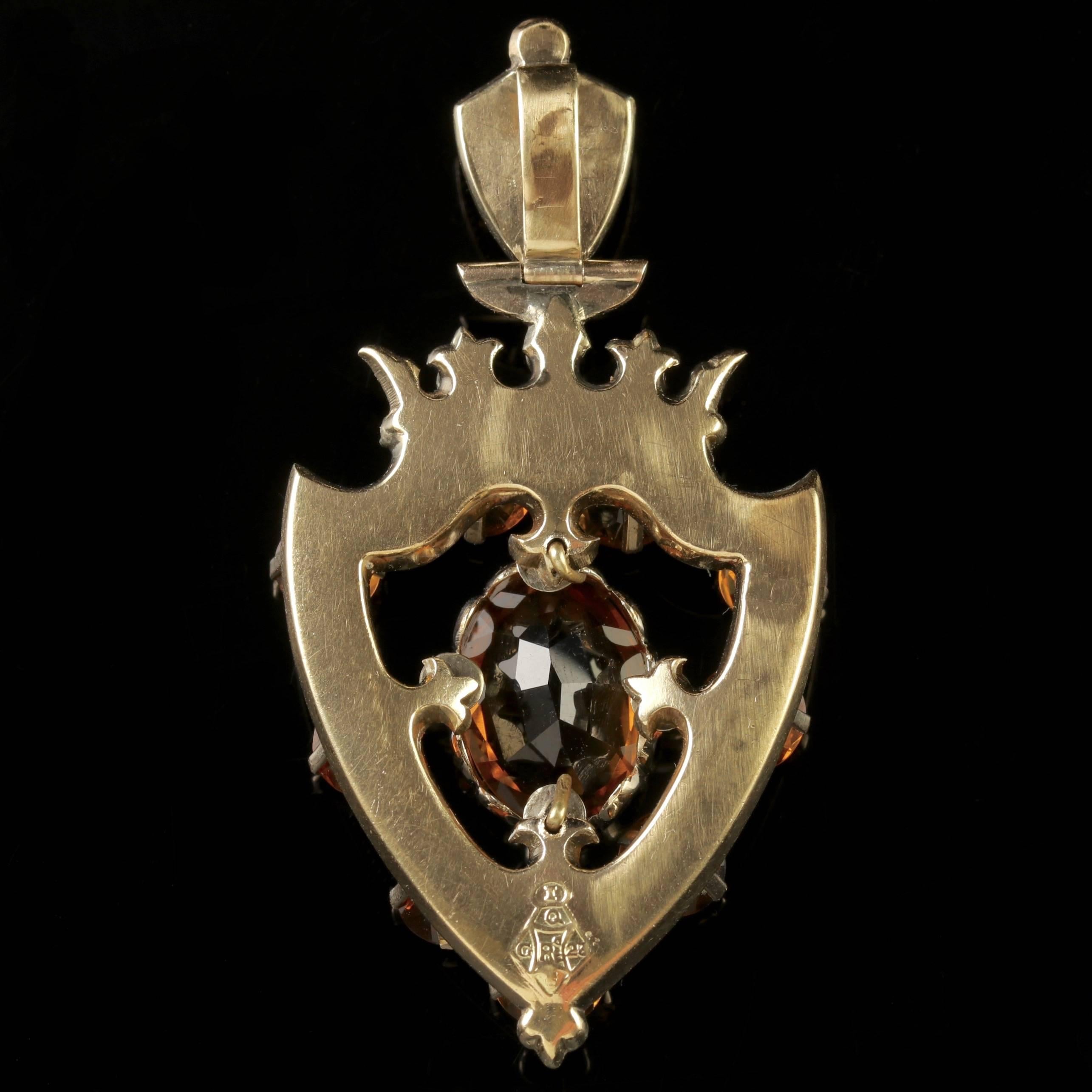 Women's Antique Victorian Scottish Gold Cairngorm Shield Pendant, circa 1860