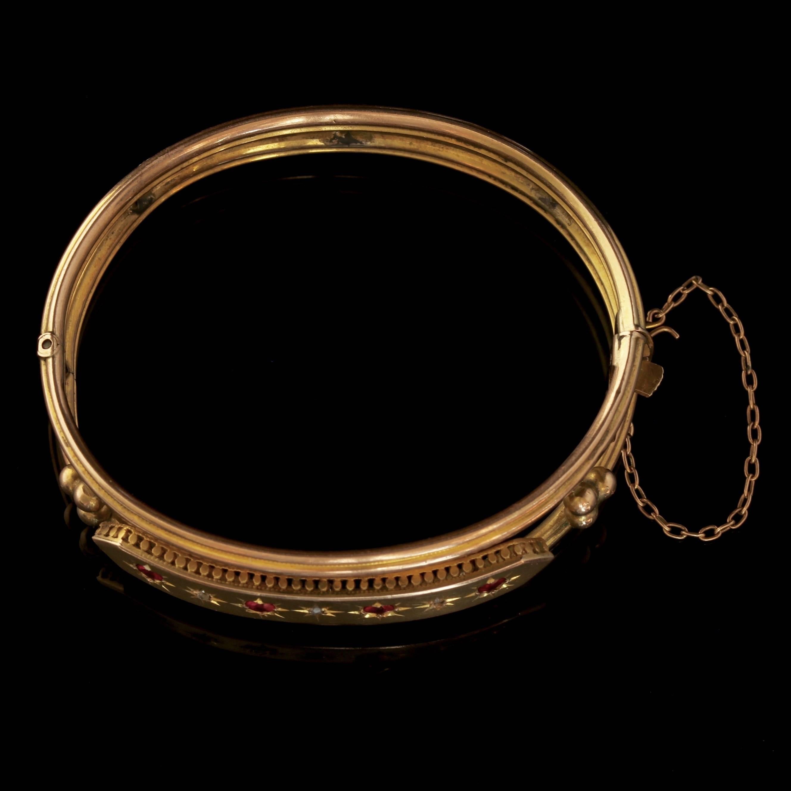 Antique Victorian 9 Carat Gold Star Set Ruby Diamond Bangle, circa 1900 4