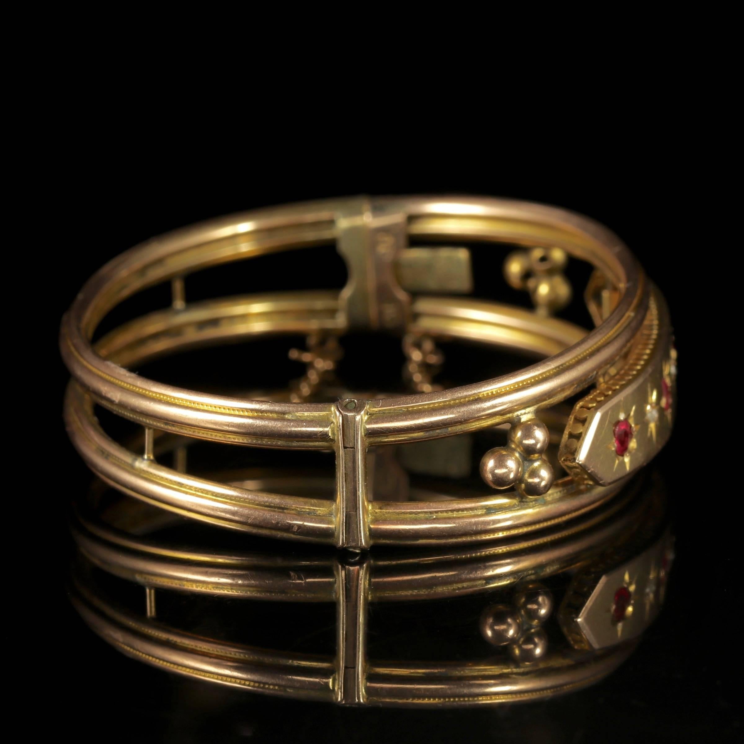 Antique Victorian 9 Carat Gold Star Set Ruby Diamond Bangle, circa 1900 2