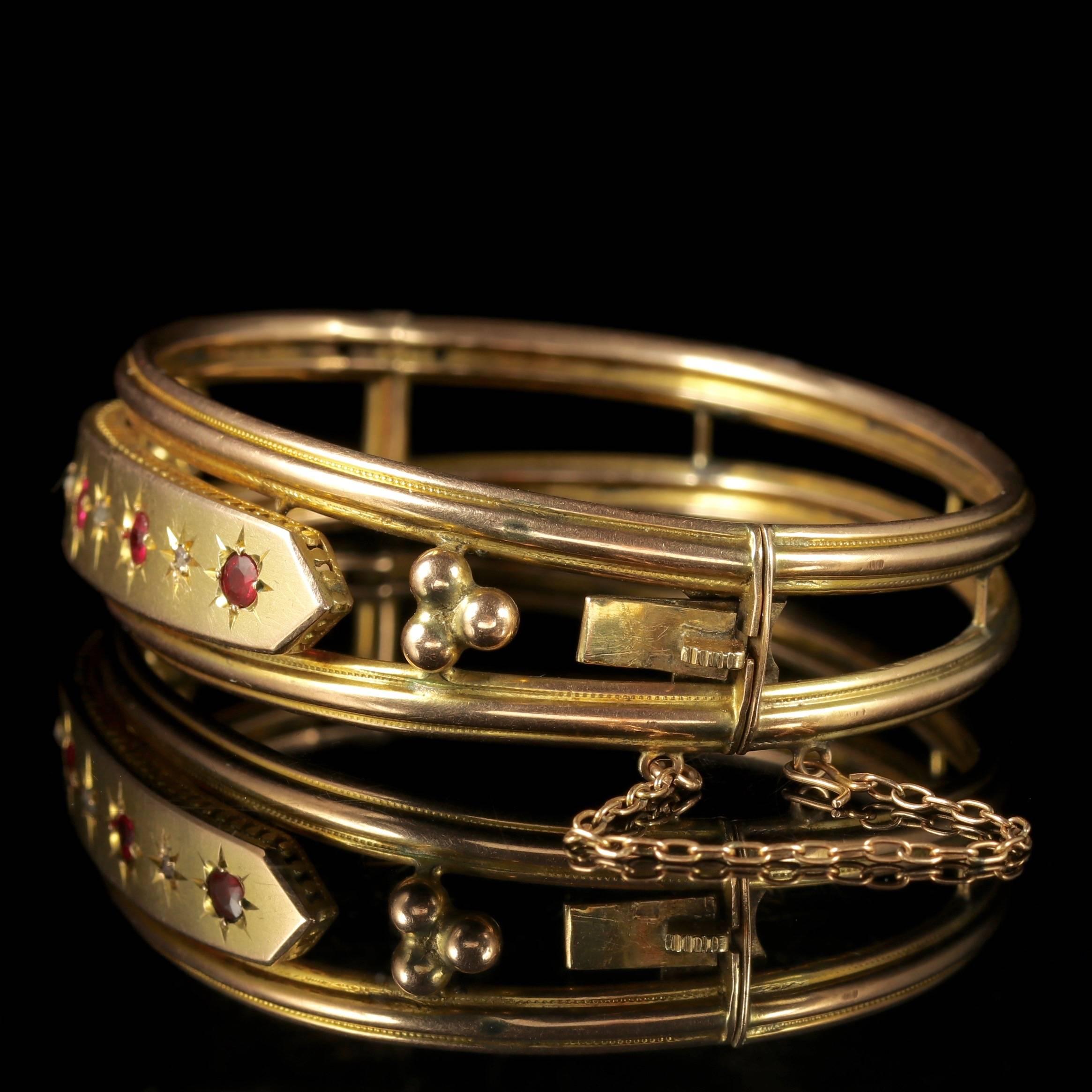 Antique Victorian 9 Carat Gold Star Set Ruby Diamond Bangle, circa 1900 In Excellent Condition In Lancaster, Lancashire