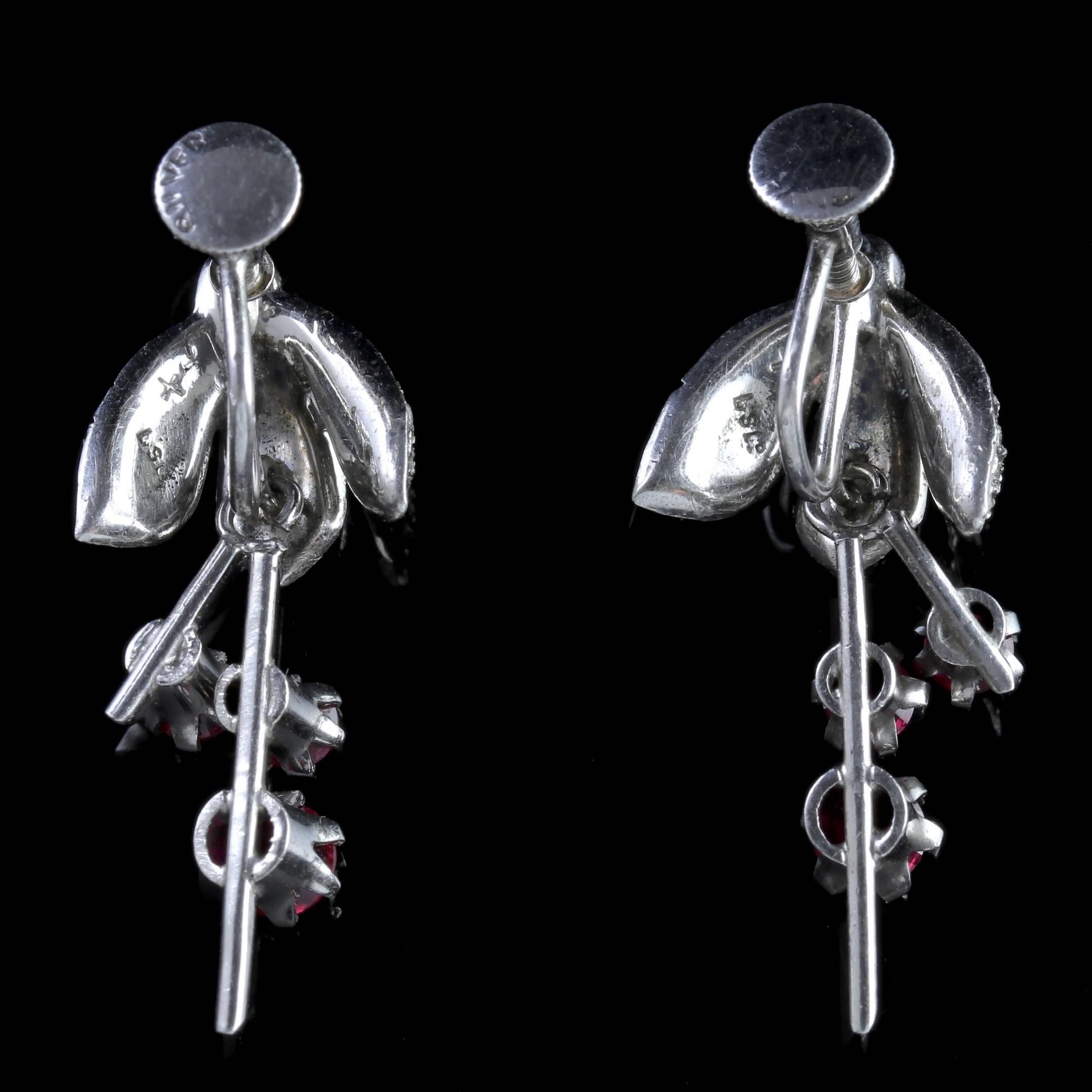 Art Deco Sterling Silver Ruby Paste Fuchsia Drop Earrings, circa 1920 In Excellent Condition In Lancaster, Lancashire