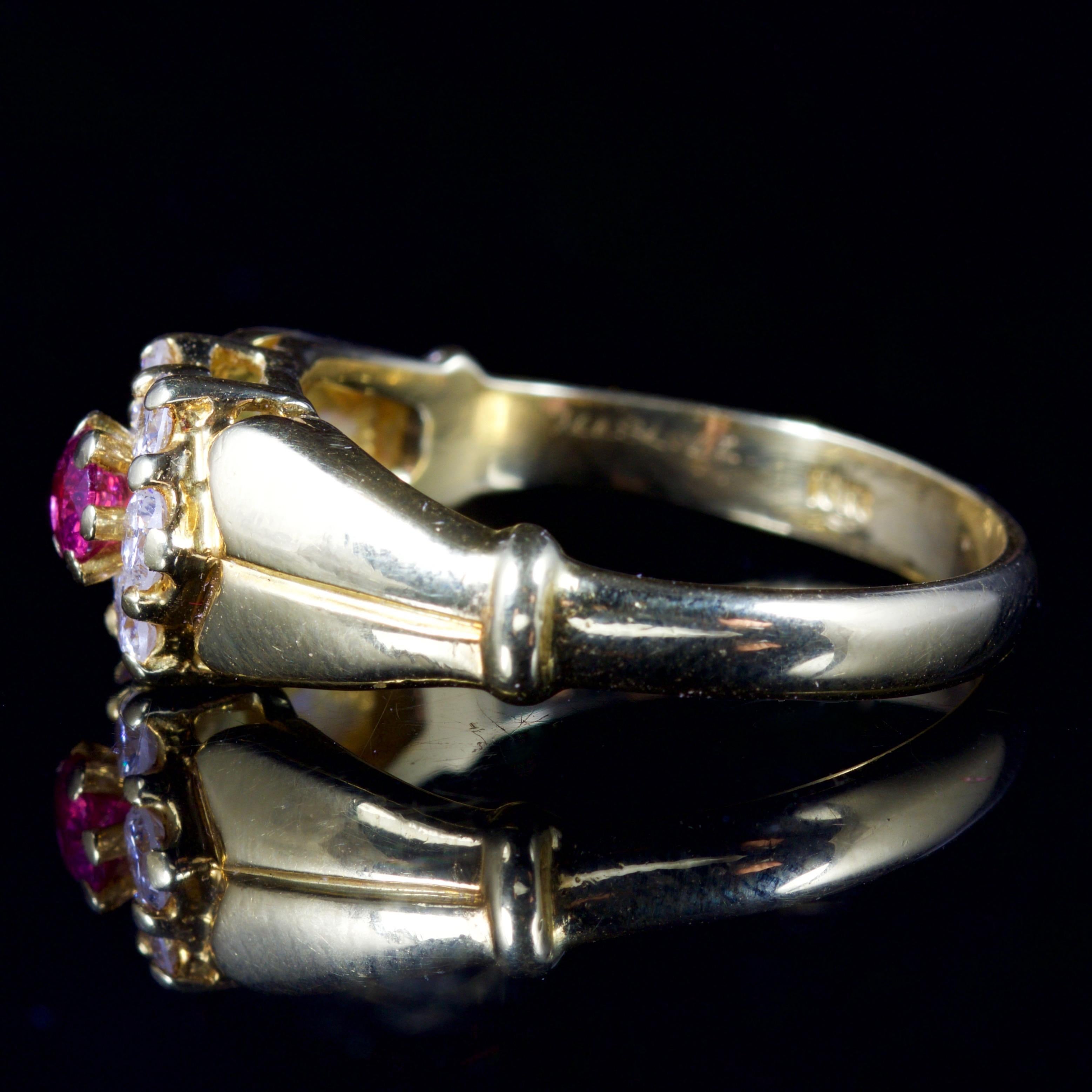 This beautiful Victorian Ruby and Diamond ring is set in 18ct Yellow Gold, Circa 1880.

The ring is set with a central Ruby, with glistening Diamonds surrounding it.

The Ruby is 0.15ct, and the Diamonds are 0.7ct each showing a fabulous cut, colour