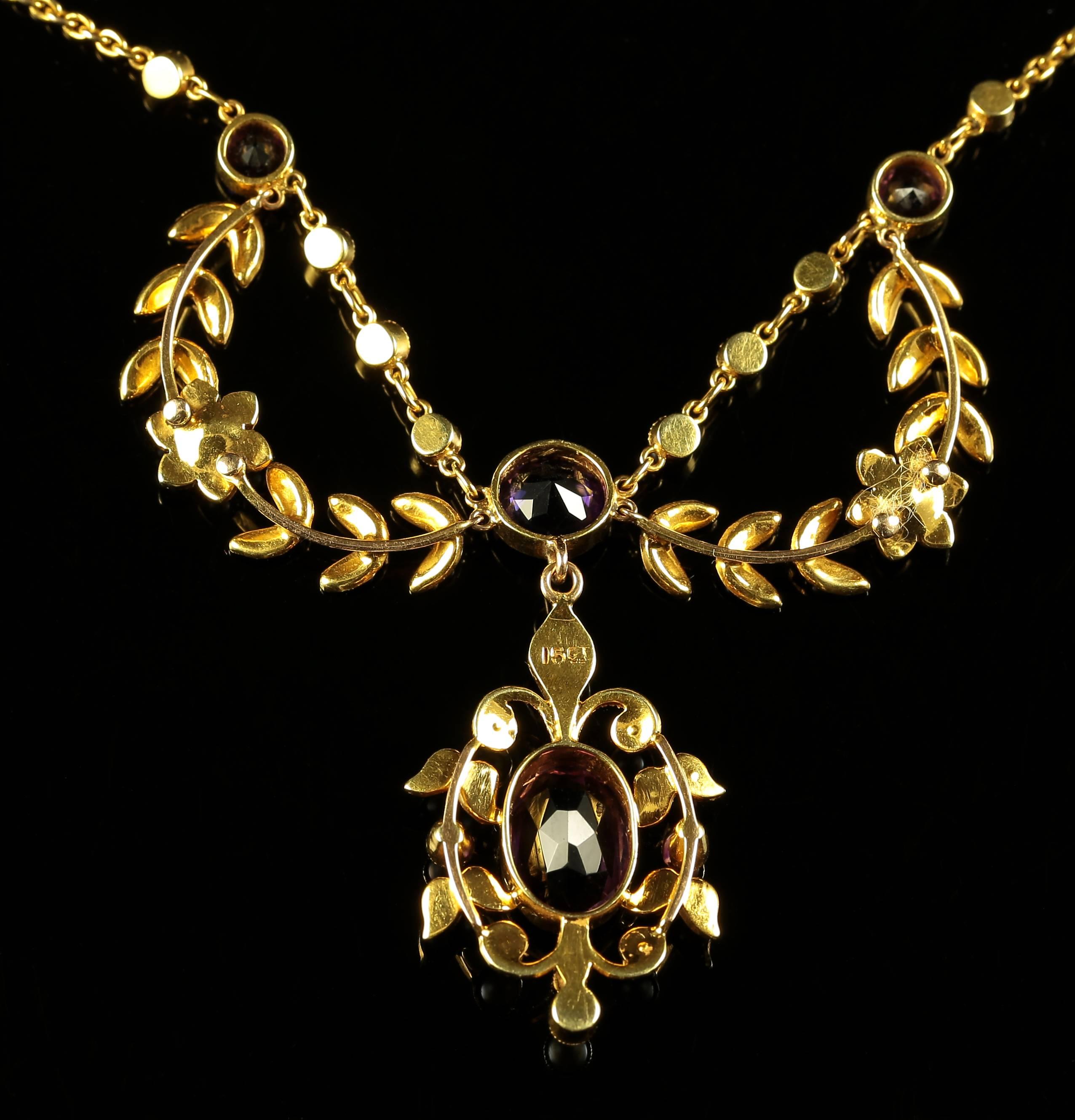 Antique Victorian Amethyst Pearl Necklace 15 Carat Gold Garland Necklace For Sale 2