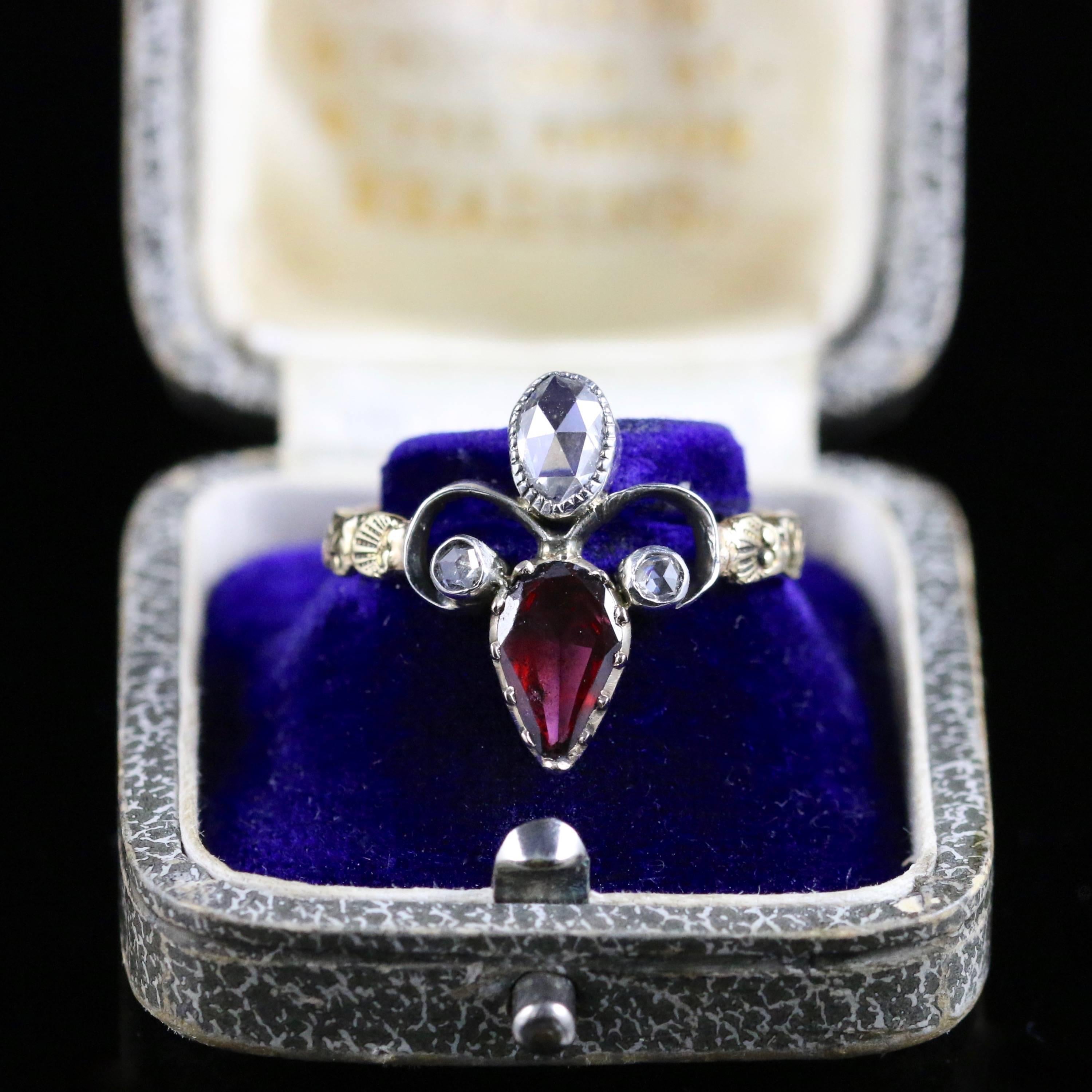 Rose Cut Antique Georgian Garnet Diamond Ring 18 Carat Gold Fleur-de-Lis