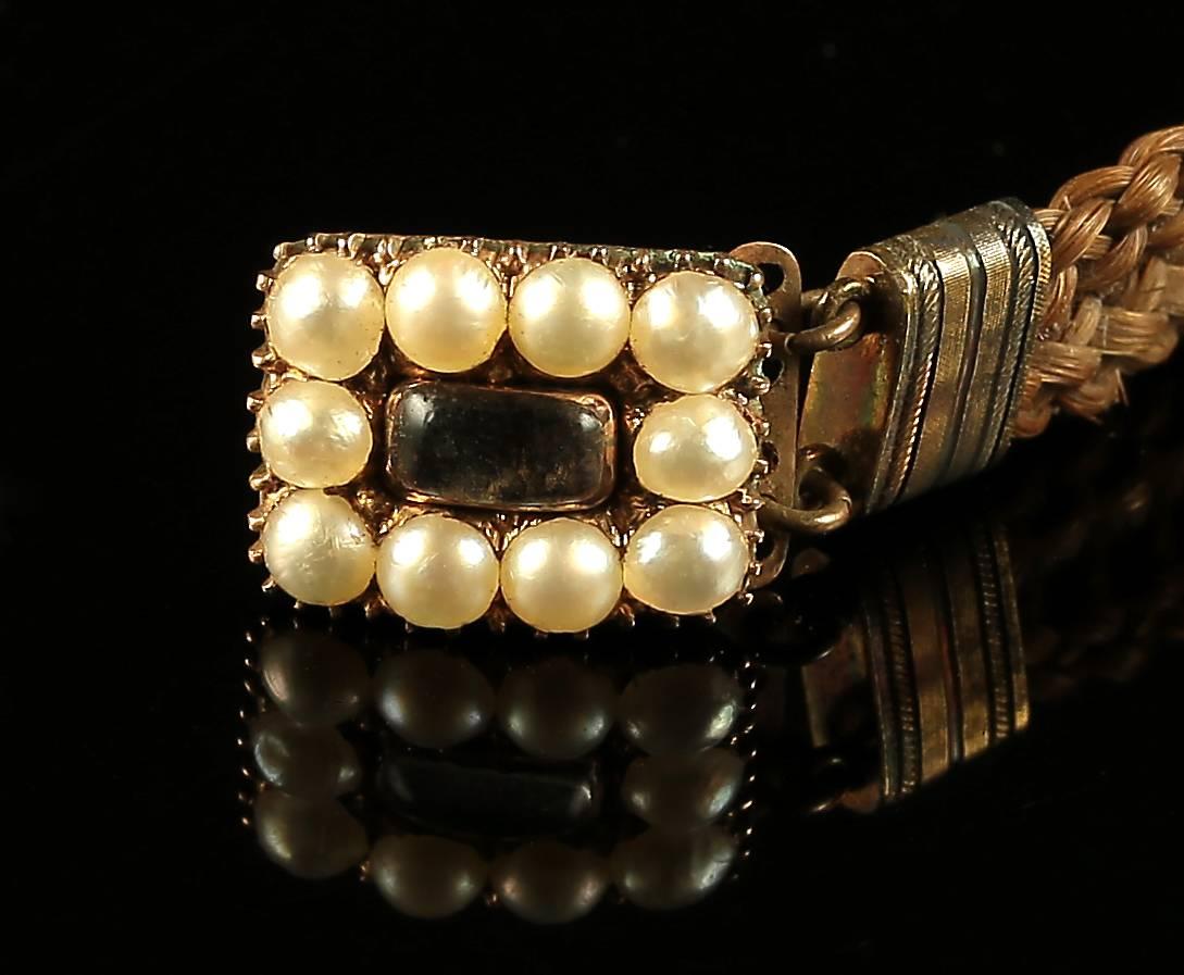 Women's or Men's Antique Georgian Mourning Bracelet with Pearl Clasp, circa 1800 For Sale