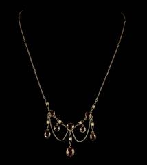 Antique Victorian Garnet Pearl Yellow Gold Lavaliere Necklace