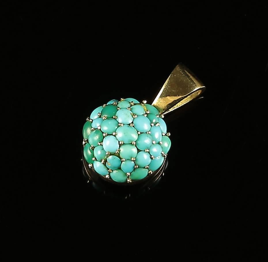 This beautiful Victorian turquoise pendant is Circa 1880, set in 18ct Yellow Gold.

Set with lovely rich blue Turquoises that have a lovely contrast of greens and blues

A beautiful elegant pendant

Turquoise symbolises forget me not 

If given a
