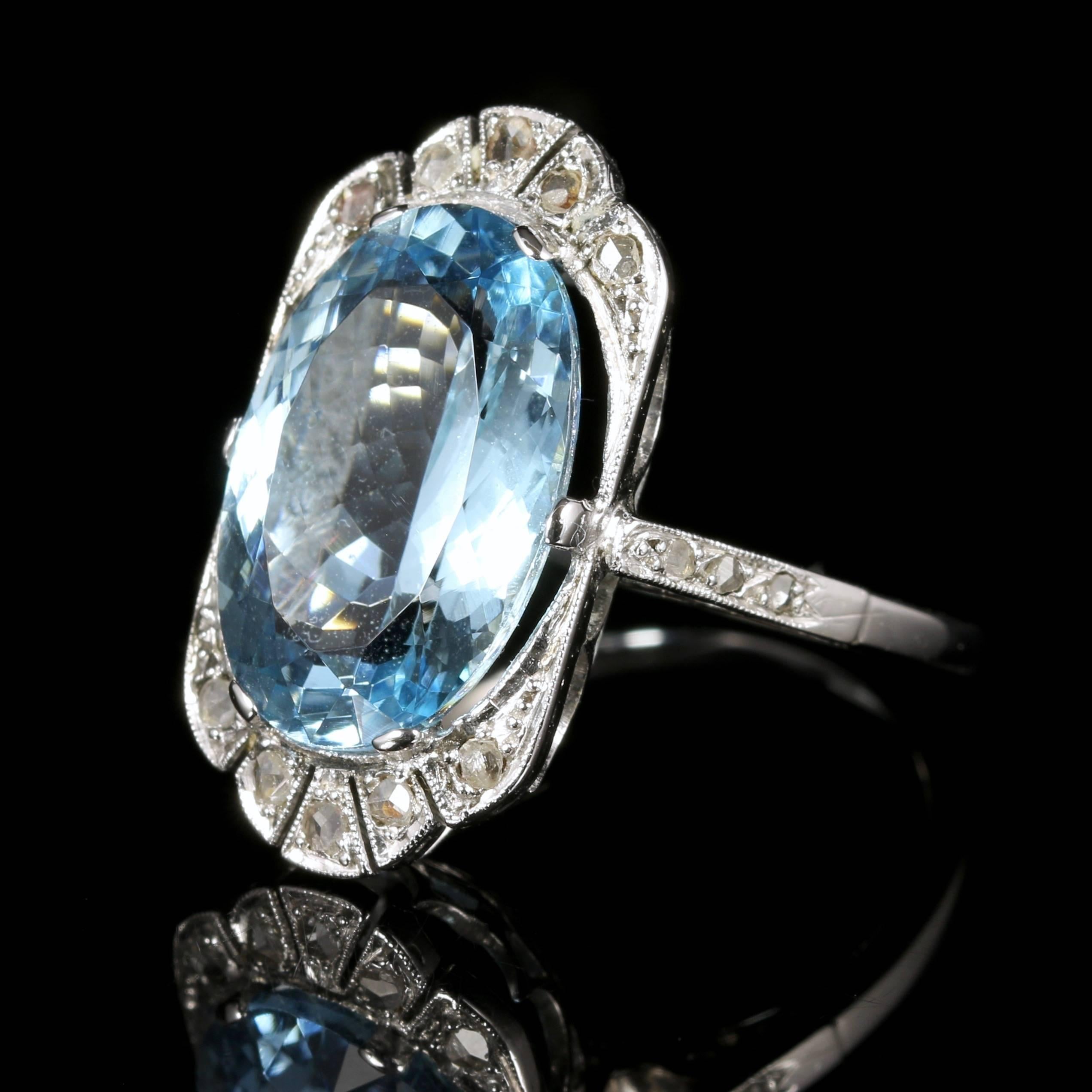 This Antique Edwardian beautiful Oval Old Cut Aquamarine and Diamond ring is lovely, set in 18ct white gold 

Circa 1915 

The Aquamarine is 7.80ct in size

A fabulous rich blue with flashes of inner green, this really is spectacular.

The large