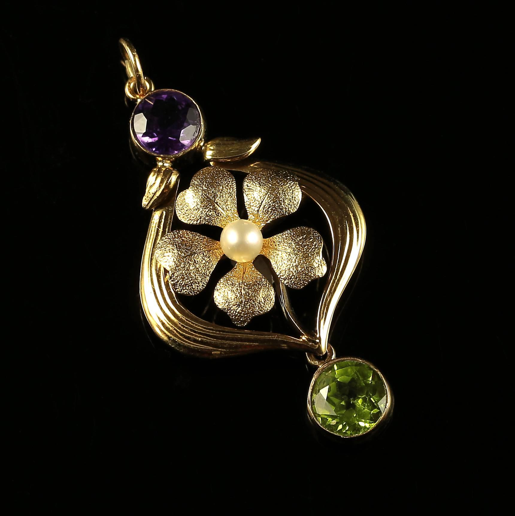 Antique Victorian Suffragette Pendant Gold Amethyst Peridot Pearl In Excellent Condition In Lancaster, Lancashire