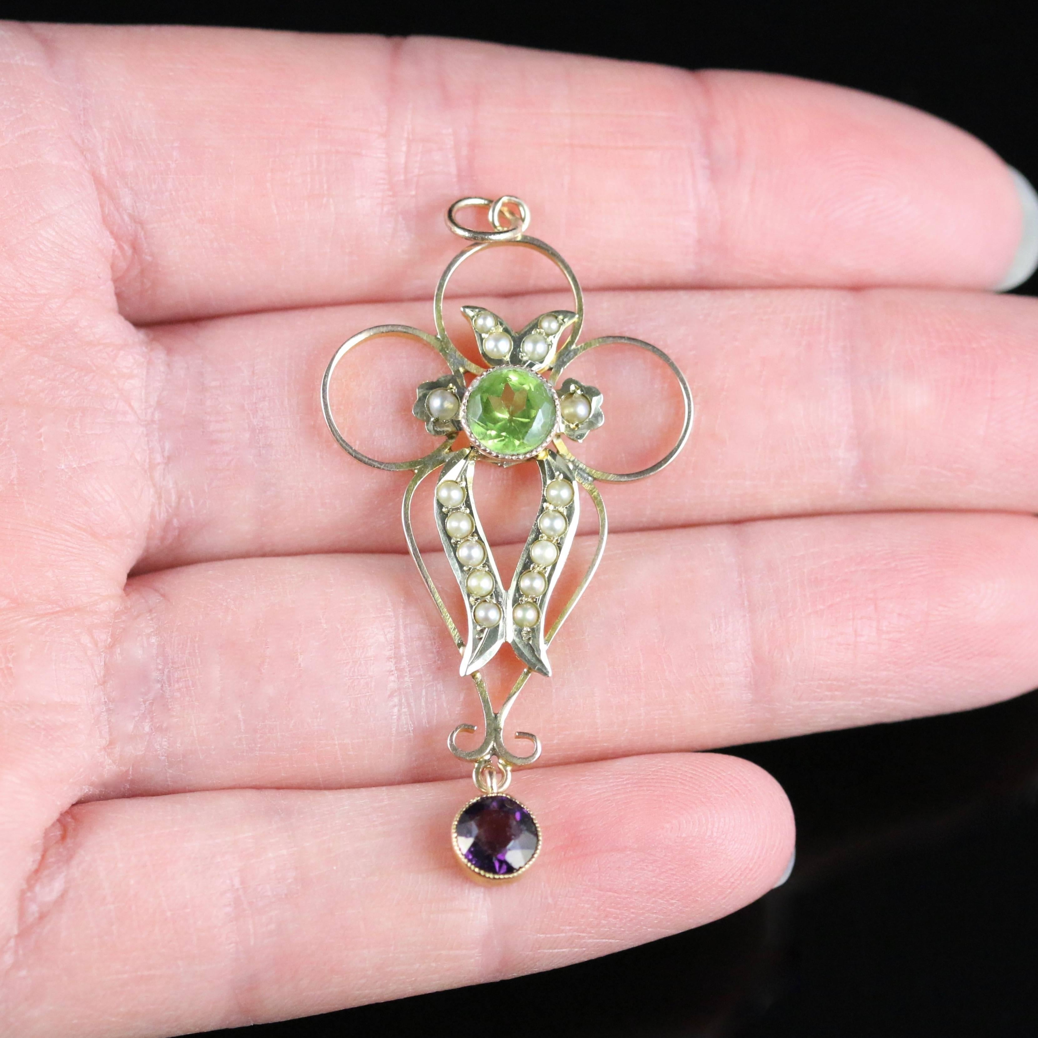 Antique Victorian Suffragette Peridot Amethyst Pearl Pendant circa 1900 2