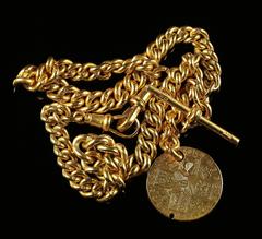 Antique Victorian Albert Chain Necklace with T Bar Coin Fob circa 1880