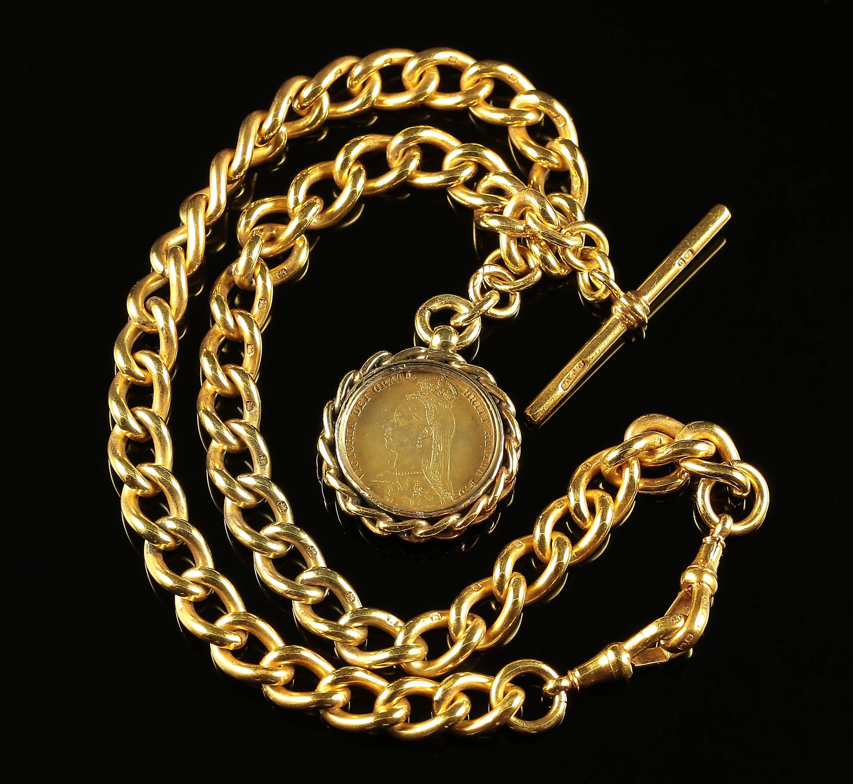 This fabulous 18ct yellow gold on Silver Victorian Solid Albert chain necklace weighs a staggering 109.6 grams 

A very heavy Albert chain that is superb in weight and design 

Circa 1880

Each link is hallmarked. The lovely T Bar is hallmarked P.P