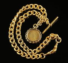 Antique Victorian Albert Chain Necklace Gold T Bar Coin Fob circa 1880