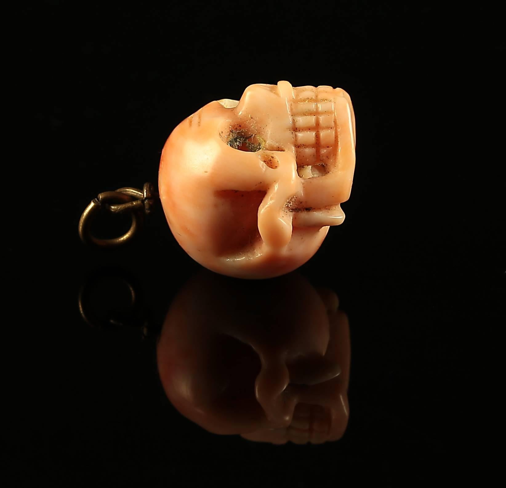 Women's or Men's Antique Georgian Memento Mori Skull Coral Pendant 1800s For Sale