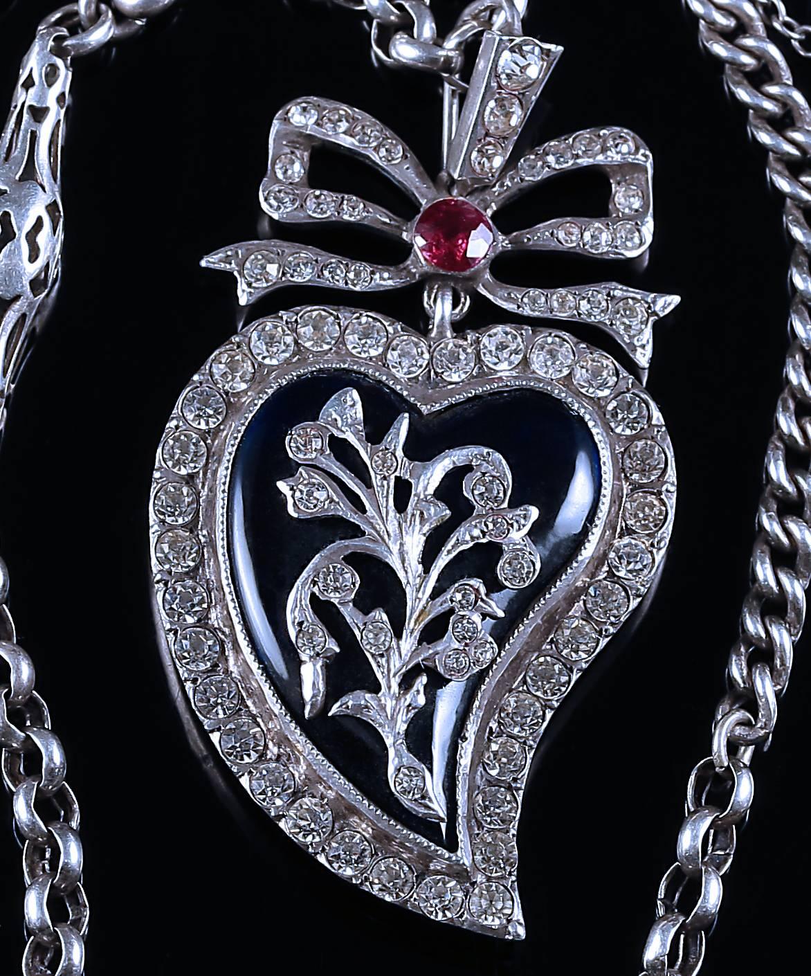 Women's Antique Georgian Chain Blue Enamel Silver Witches Heart Pendant 