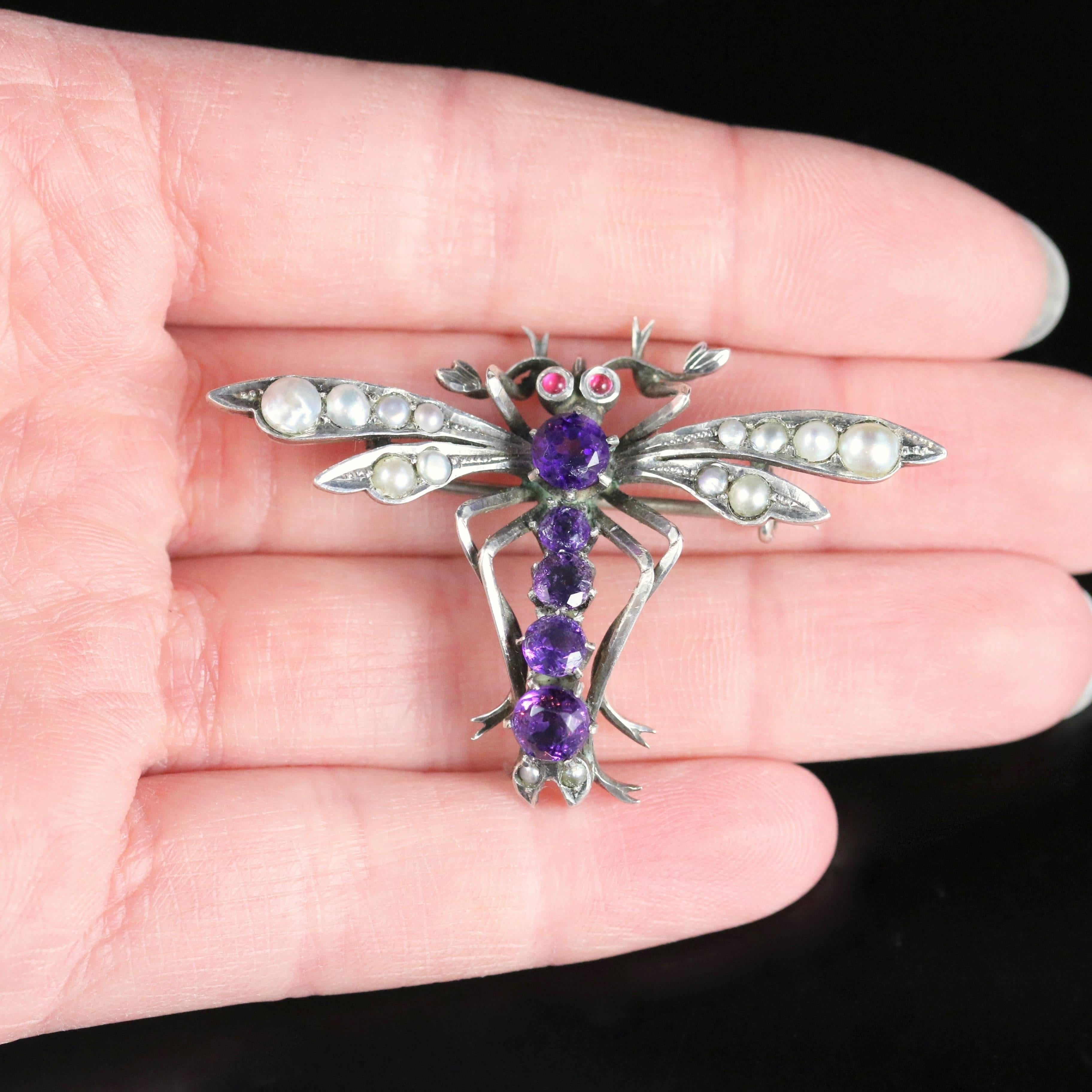 Antique Victorian Dragonfly Sterling Silver Brooch circa 1900 4