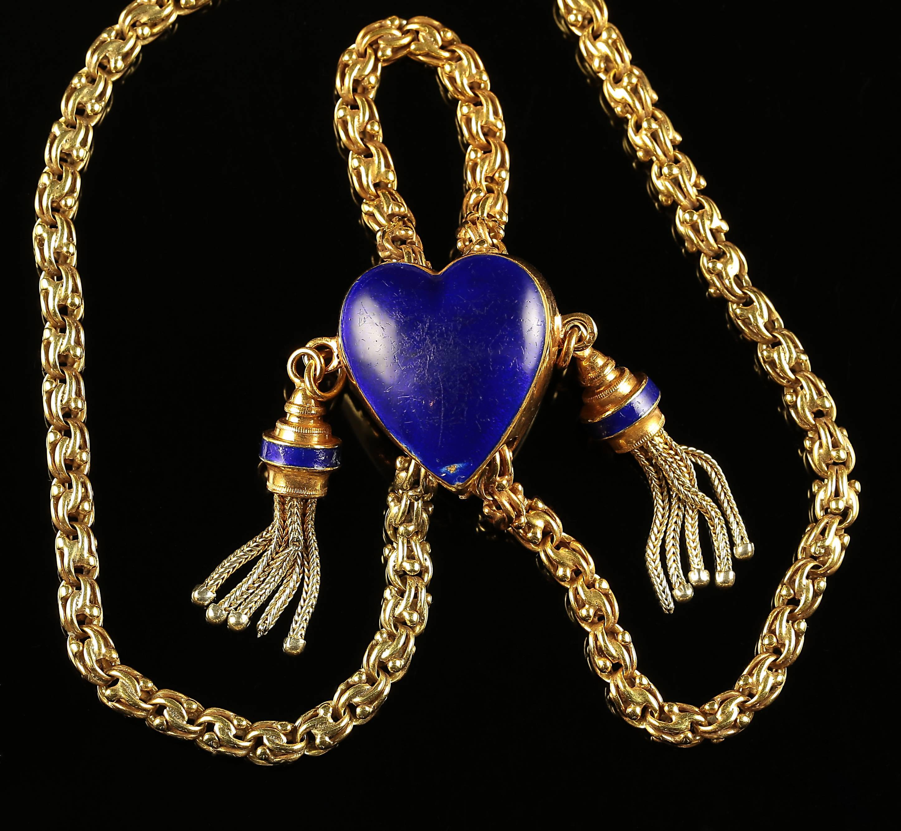 Women's Antique Georgian Long Guard Silver Gold Chain Heart Slider circa 1800
