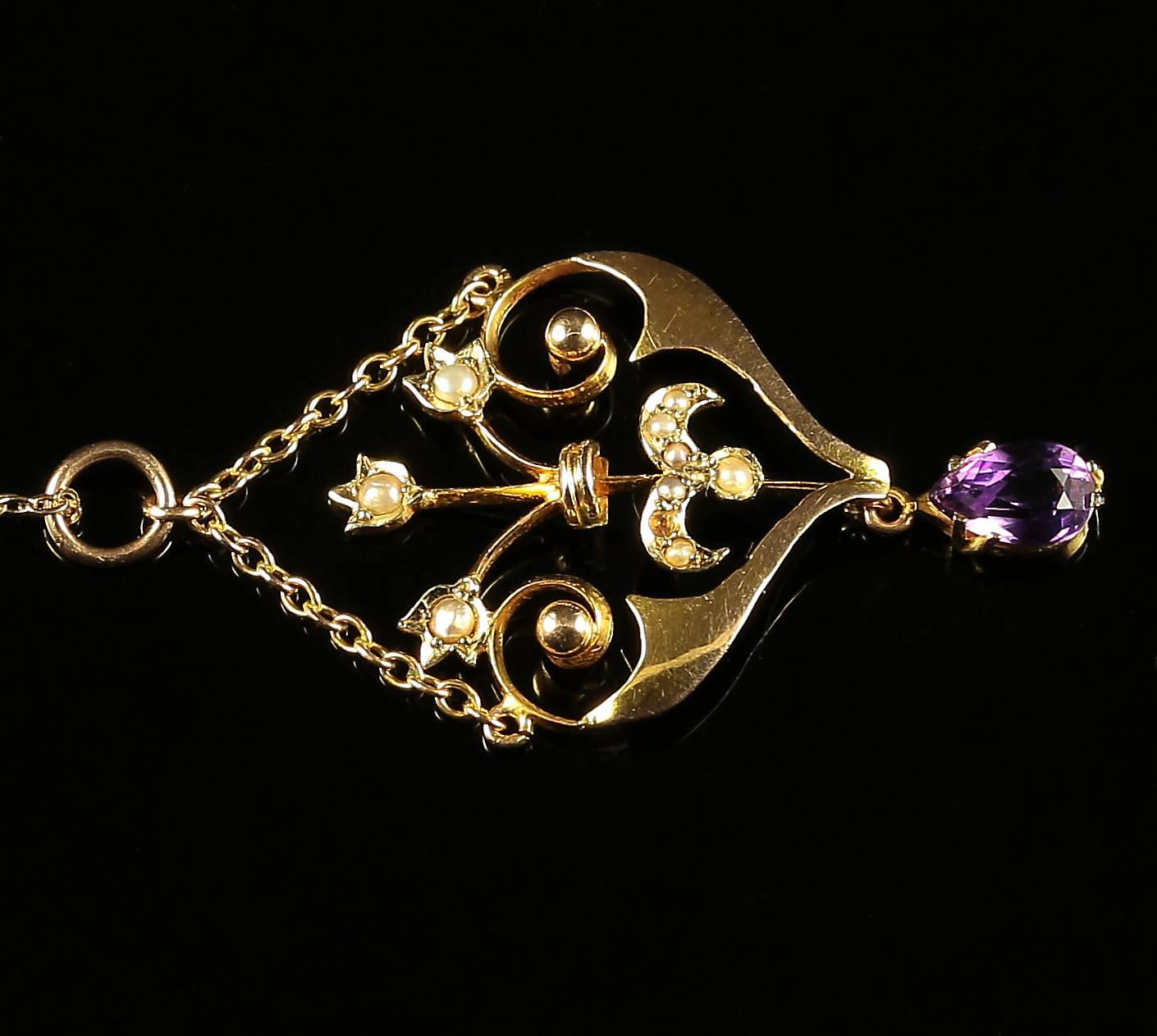 Victorian Amethyst Pearl Gold Pendant Lavaliere Necklace circa 1880 In Excellent Condition In Lancaster, Lancashire