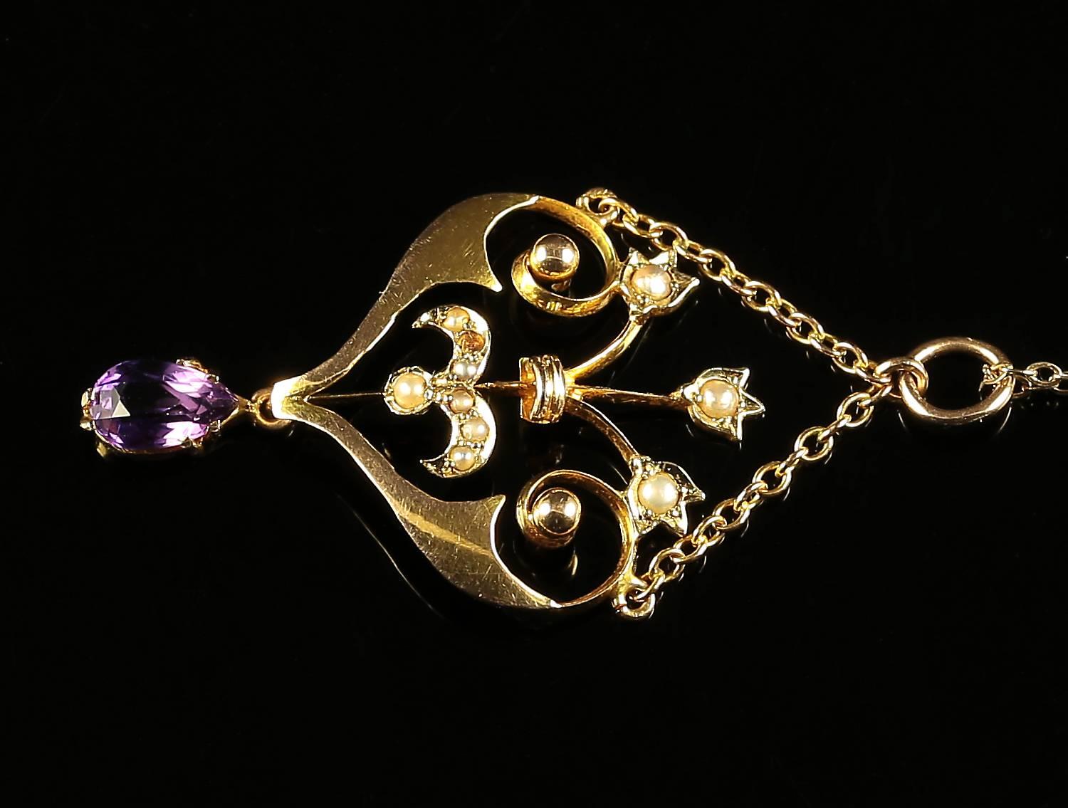 Women's Victorian Amethyst Pearl Gold Pendant Lavaliere Necklace circa 1880