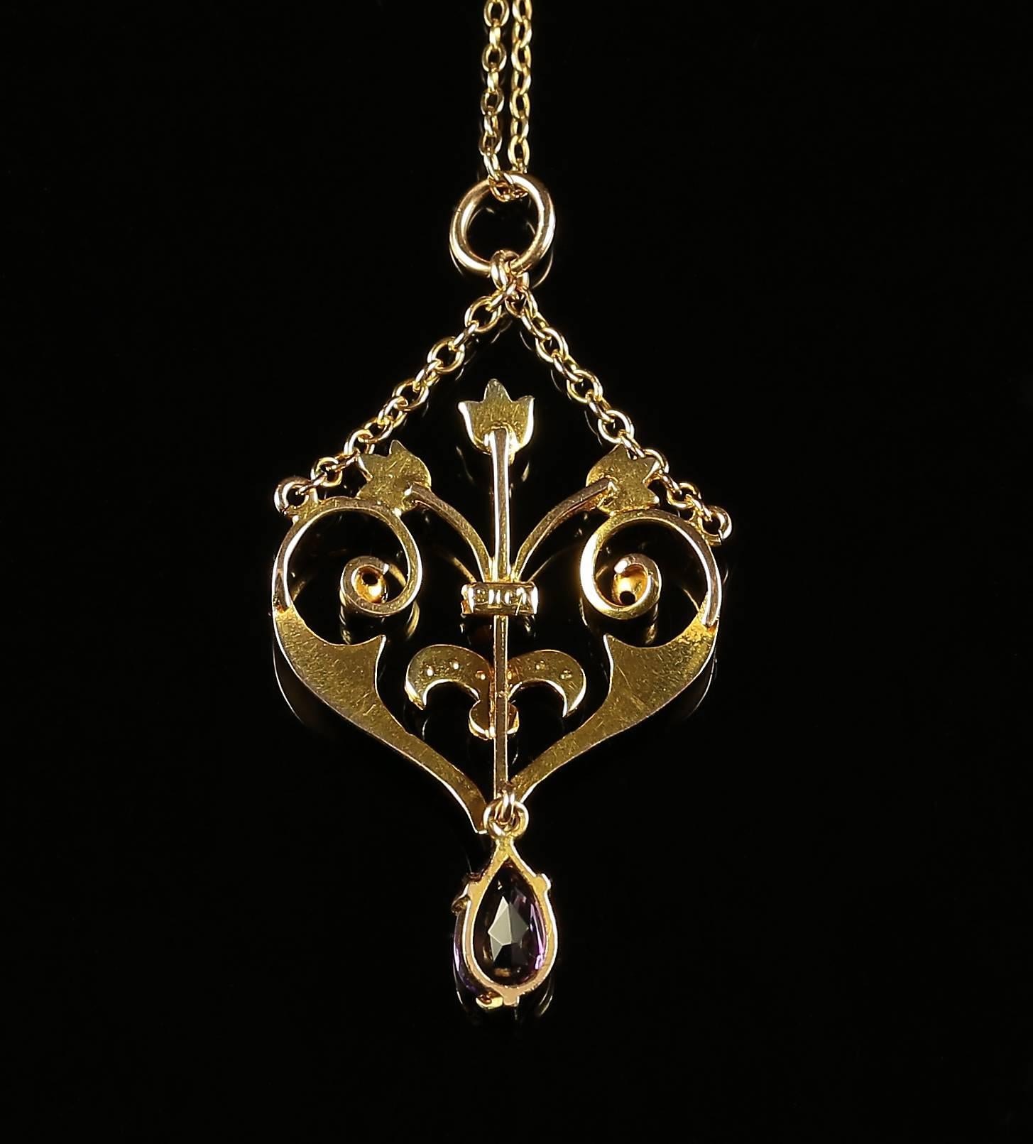 Victorian Amethyst Pearl Gold Pendant Lavaliere Necklace circa 1880 1