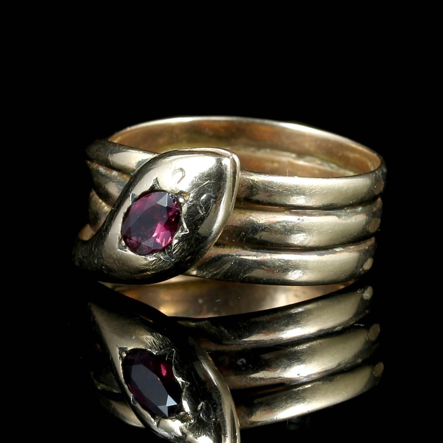 This genuine Victorian serpent ring is Chester hallmarked 

Circa 1900

Set with a deep red Almandine Garnet in his head 0.65ct 
 
The Garnet is a stone of purity and truth as well as a symbol of love and compassion. 

Set in 9ct gold.

The Garnet
