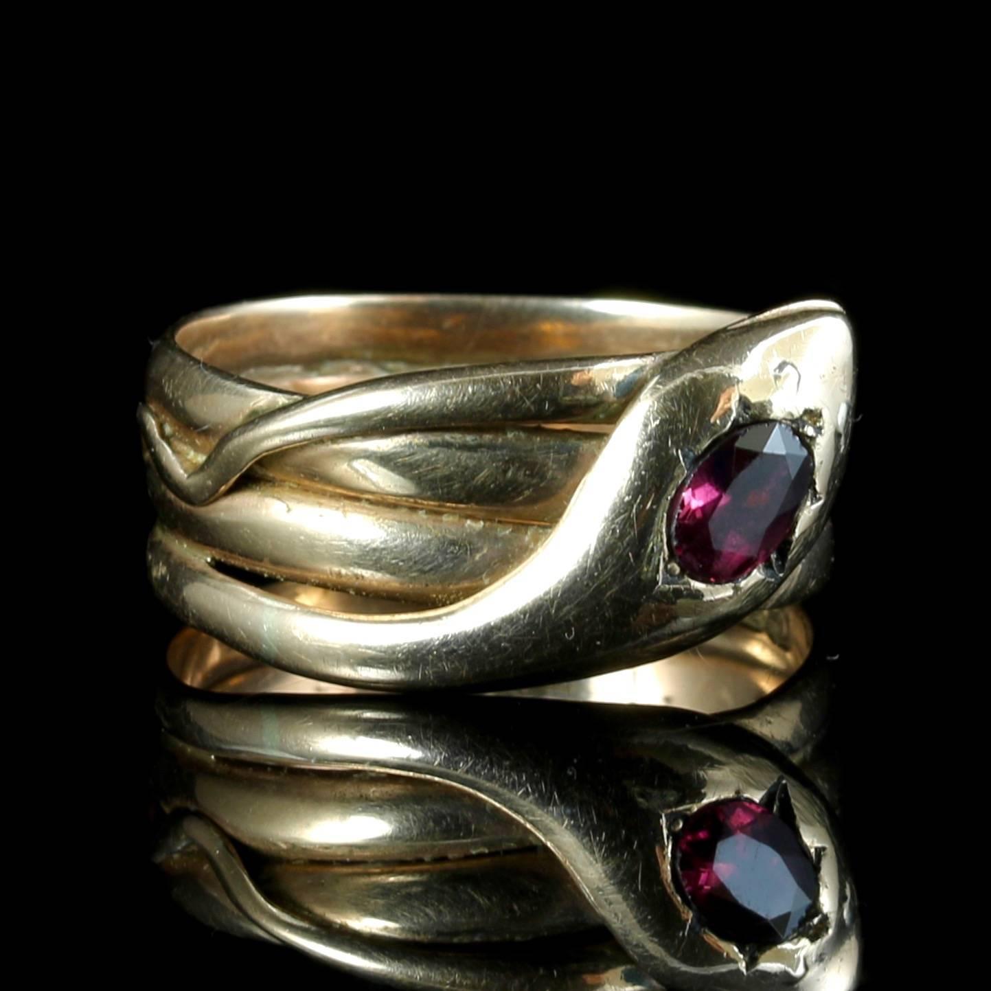 Late Victorian Antique Victorian Almandine Garnet Gold Serpent Ring