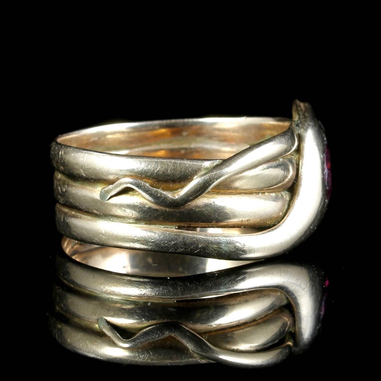 Women's or Men's Antique Victorian Almandine Garnet Gold Serpent Ring