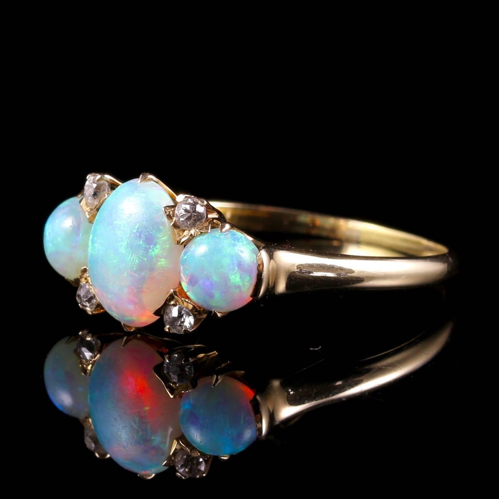 This fabulous Victorian Opal ring is set with three beautiful natural opals and four old cut Diamonds.

Set in 18ct yellow gold and tested with jewellers acid.

A genuine Victorian ring Circa 1880

The lovely natural Opal has a kaleidoscope of