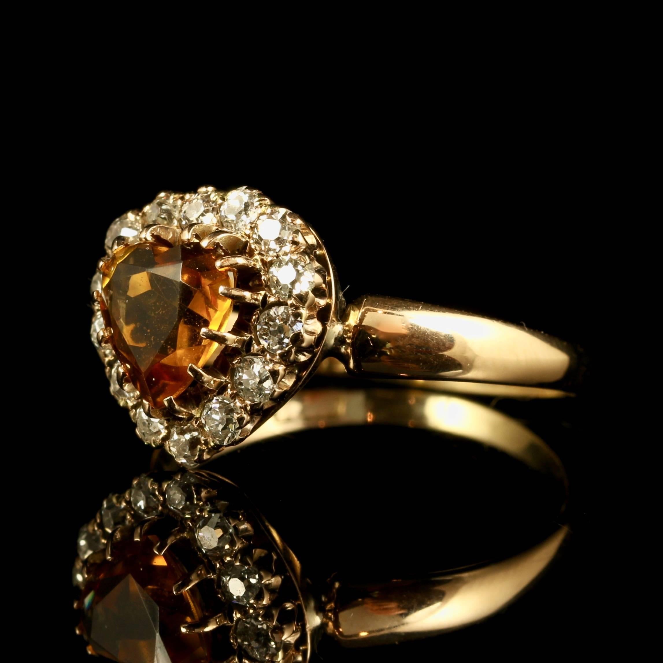 This fabulous 18ct yellow gold ring boasts a beautiful natural Citrine.

The Citrine is 1.60ct which is hand cut into a heart, beautifully polished and surrounded by a halo of Old Cut Diamonds.

Sparkling beautiful Diamonds which are SI 1 H