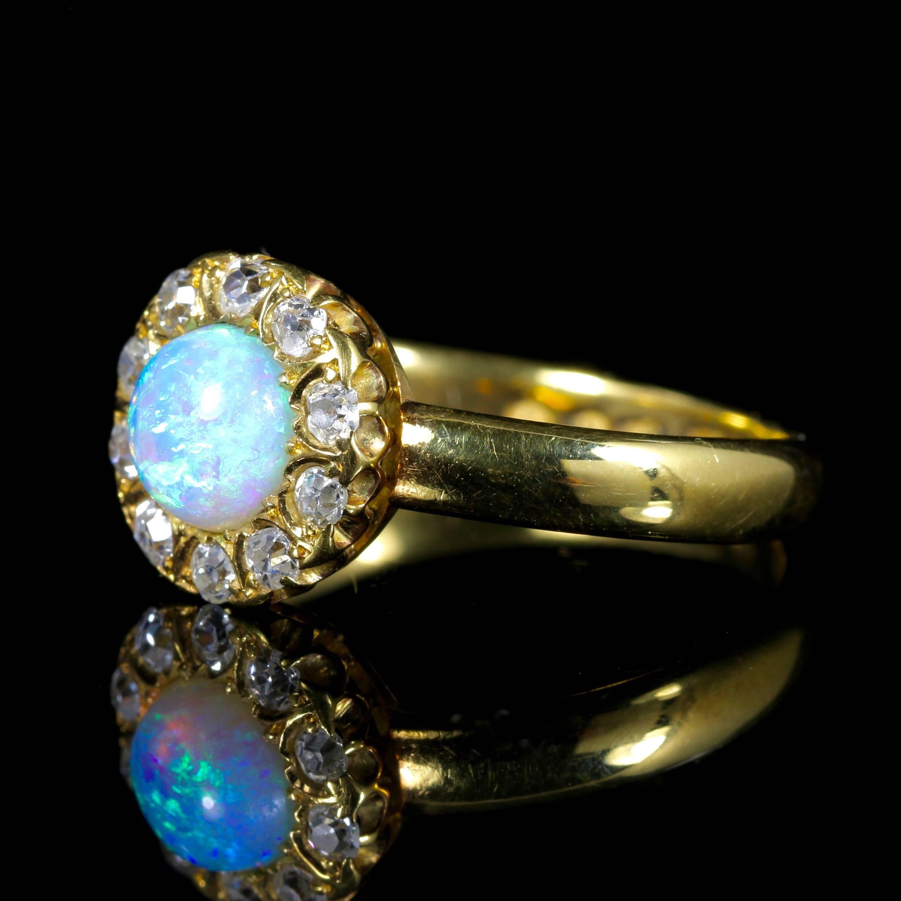 This fabulous Victorian Opal cluster ring is set with a striking beautiful natural Opal and Old Cut Diamonds.

Set in 18ct yellow gold and tested with jewellers acid.

A genuine Victorian ring Circa 1880.

The centre Opal is 0.90ct in size the outer