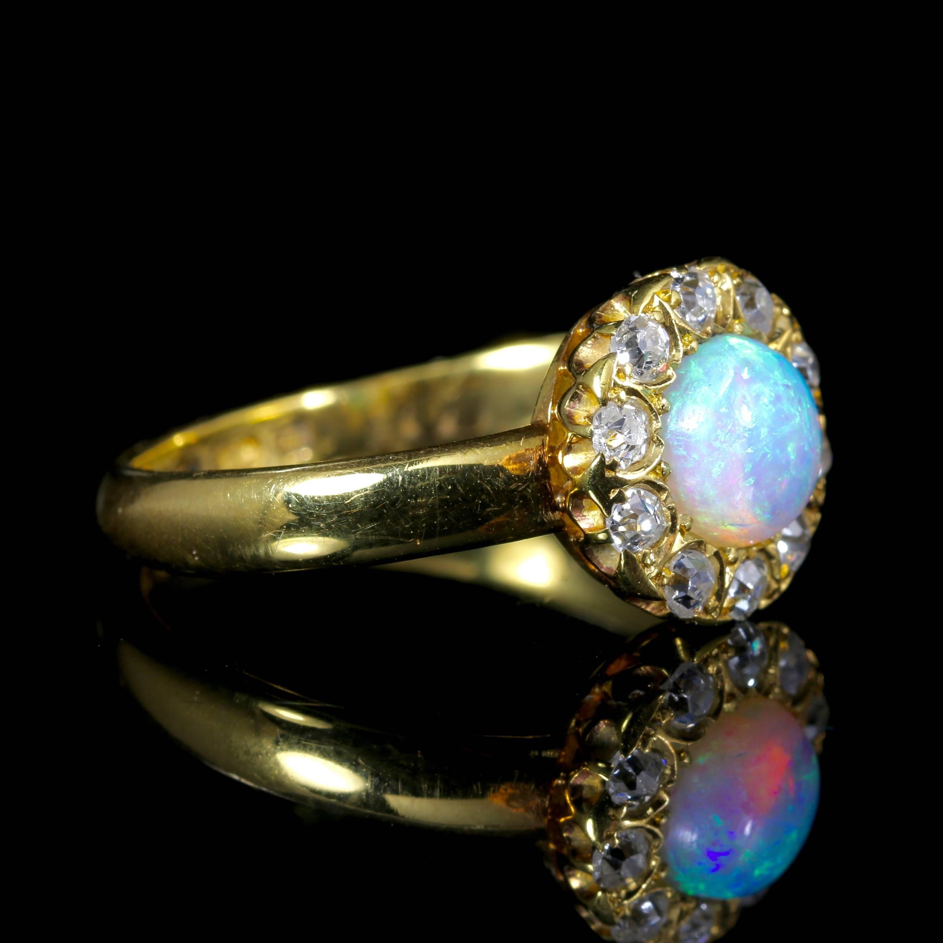 Cushion Cut Antique Victorian Opal Diamond Yellow Gold Ring, circa 1880