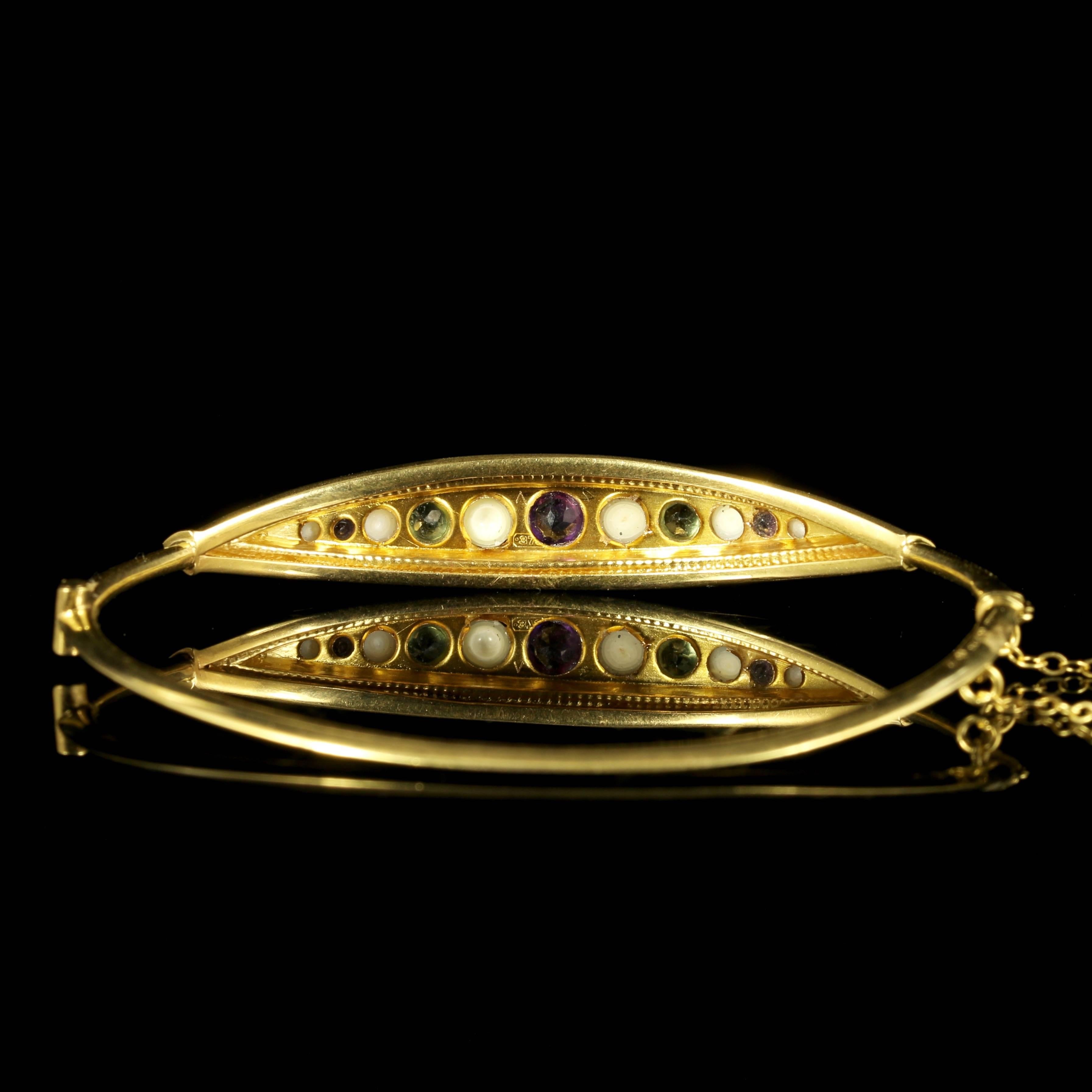 Antique Edwardian Amethyst Pearl Peridot Gold Suffragette Bangle Dated 1914 In Good Condition For Sale In Lancaster, Lancashire