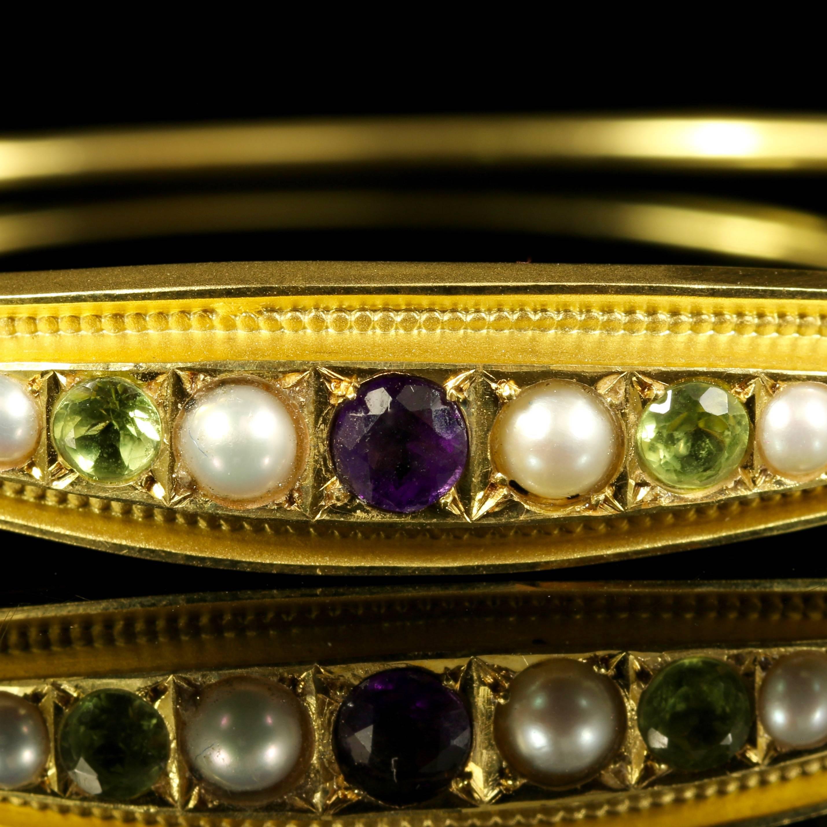 Antique Edwardian Amethyst Pearl Peridot Gold Suffragette Bangle Dated 1914 For Sale 1