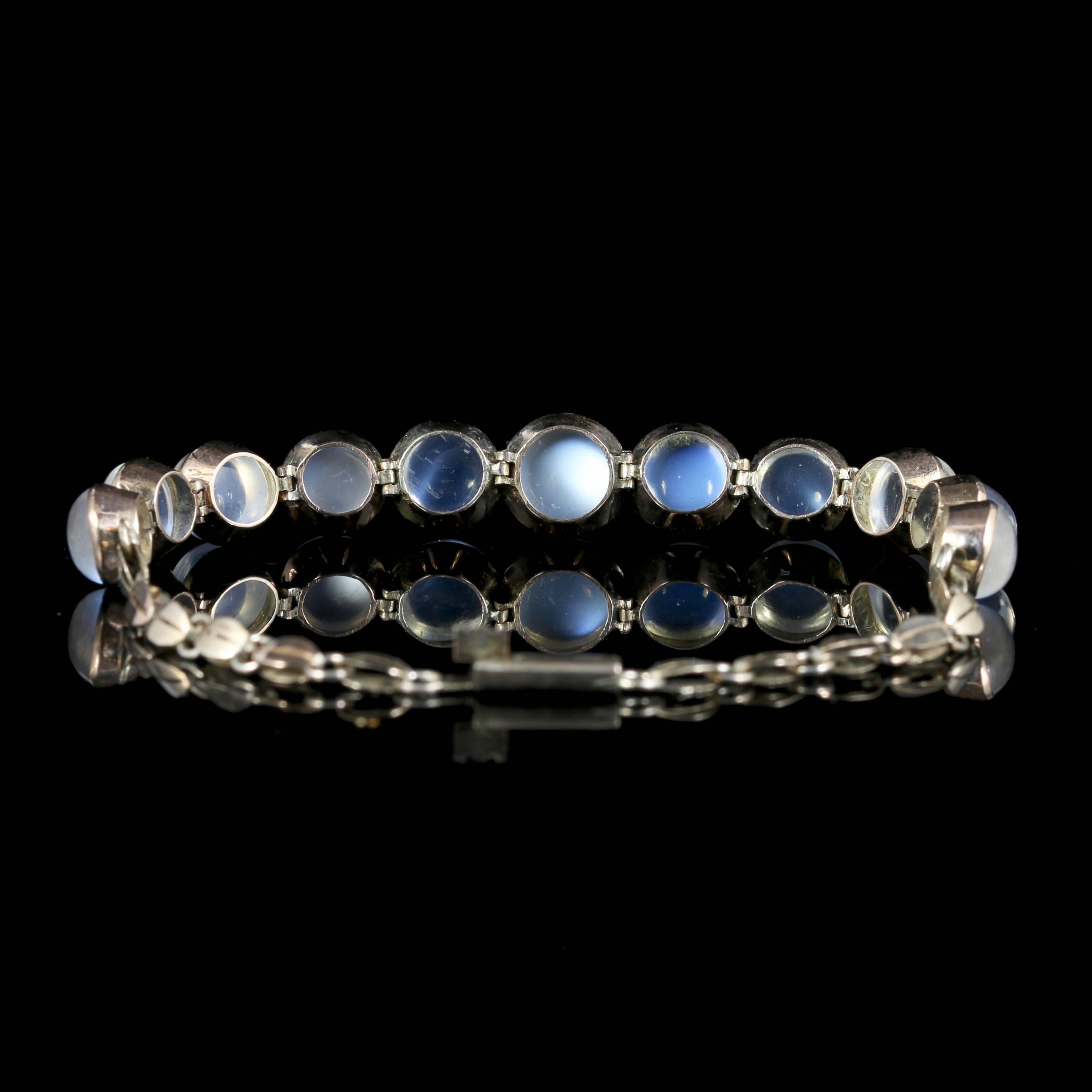 This beautiful Victorian Antique bracelet is set in 9ct yellow gold which has developed a rosy hue with age.

Circa 1900.

Eleven fabulous natural moonstones that have a lovely soft ghostly hue of blue.

Since earliest times, Moonstone has been a