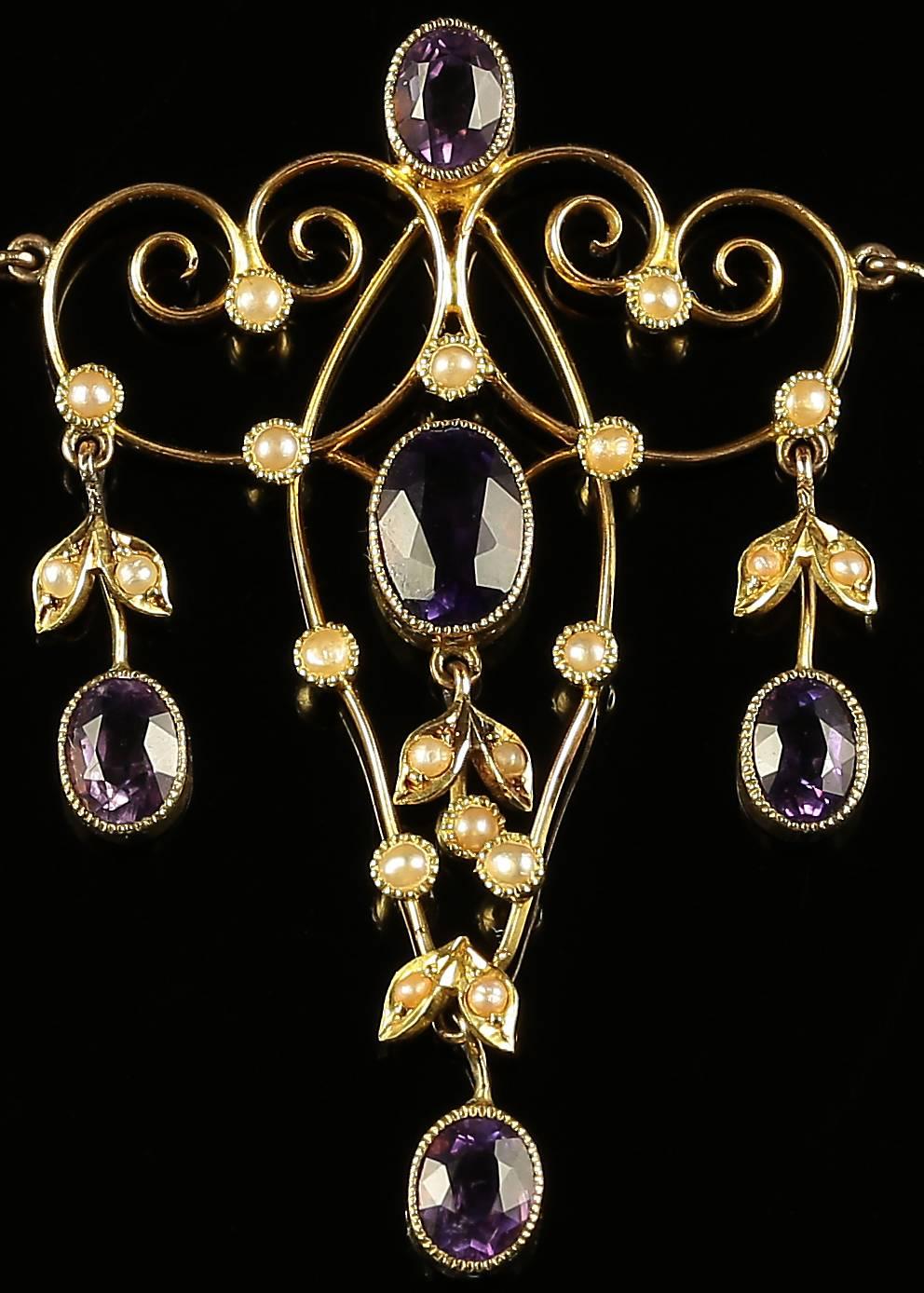 Women's Antique Edwardian Amethyst Pearl Gold Garland Necklace 