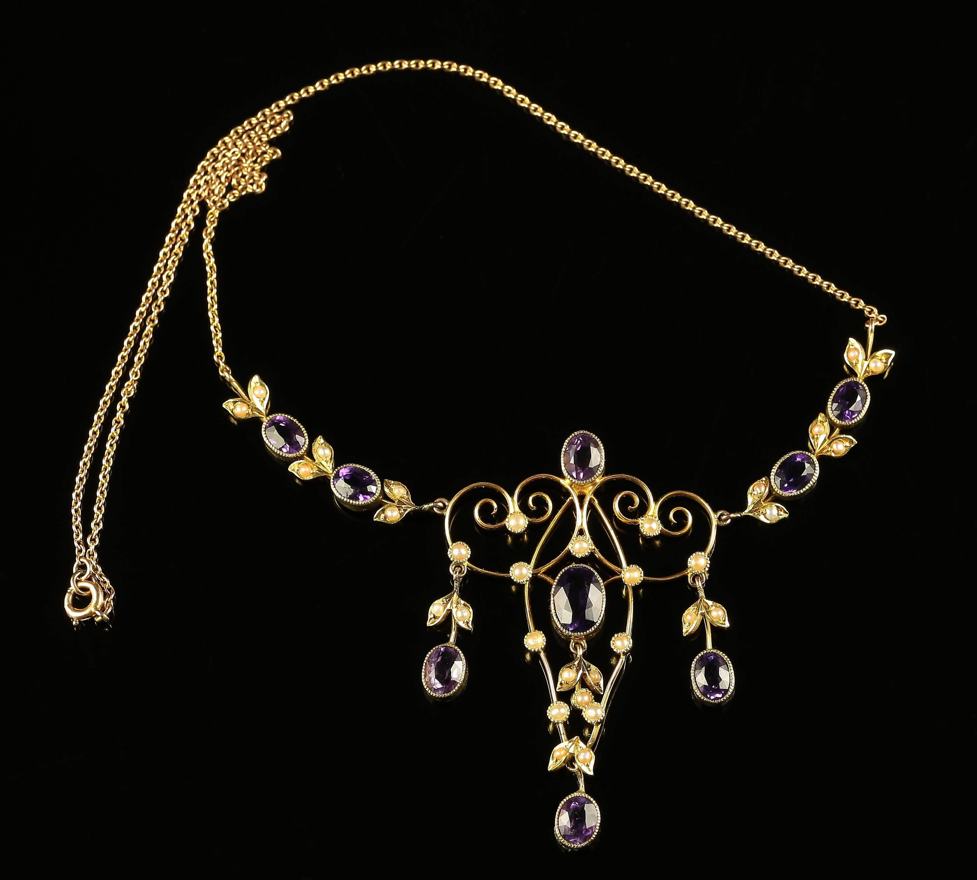 Antique Edwardian Amethyst Pearl Gold Garland Necklace  1