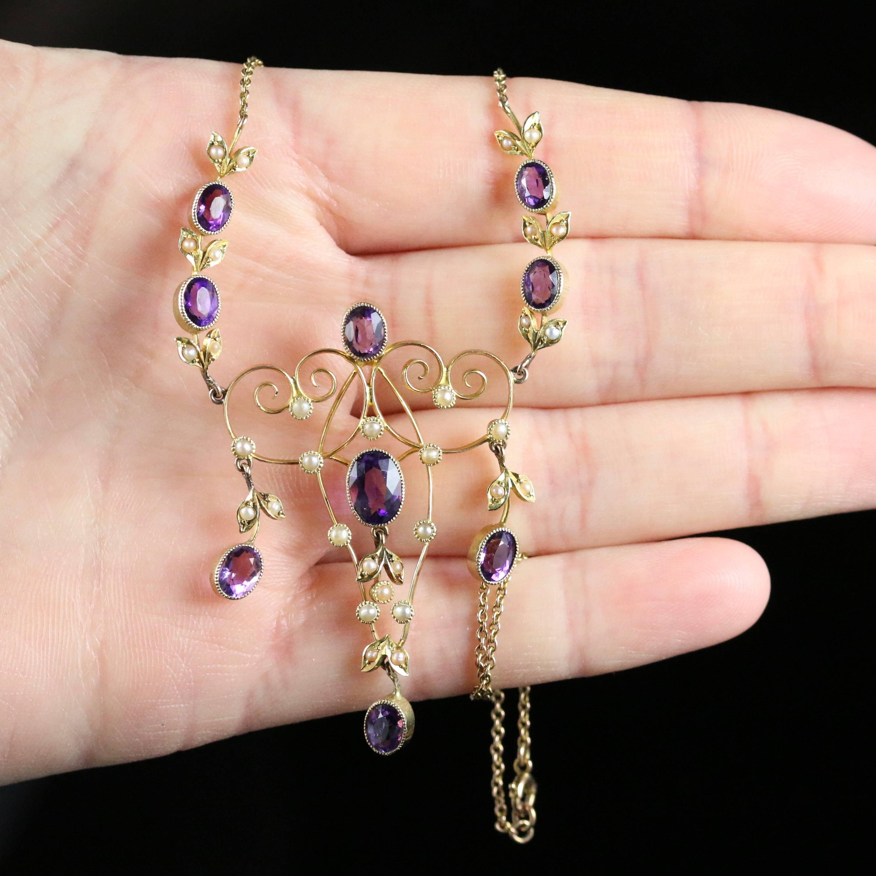 Antique Edwardian Amethyst Pearl Gold Garland Necklace  3