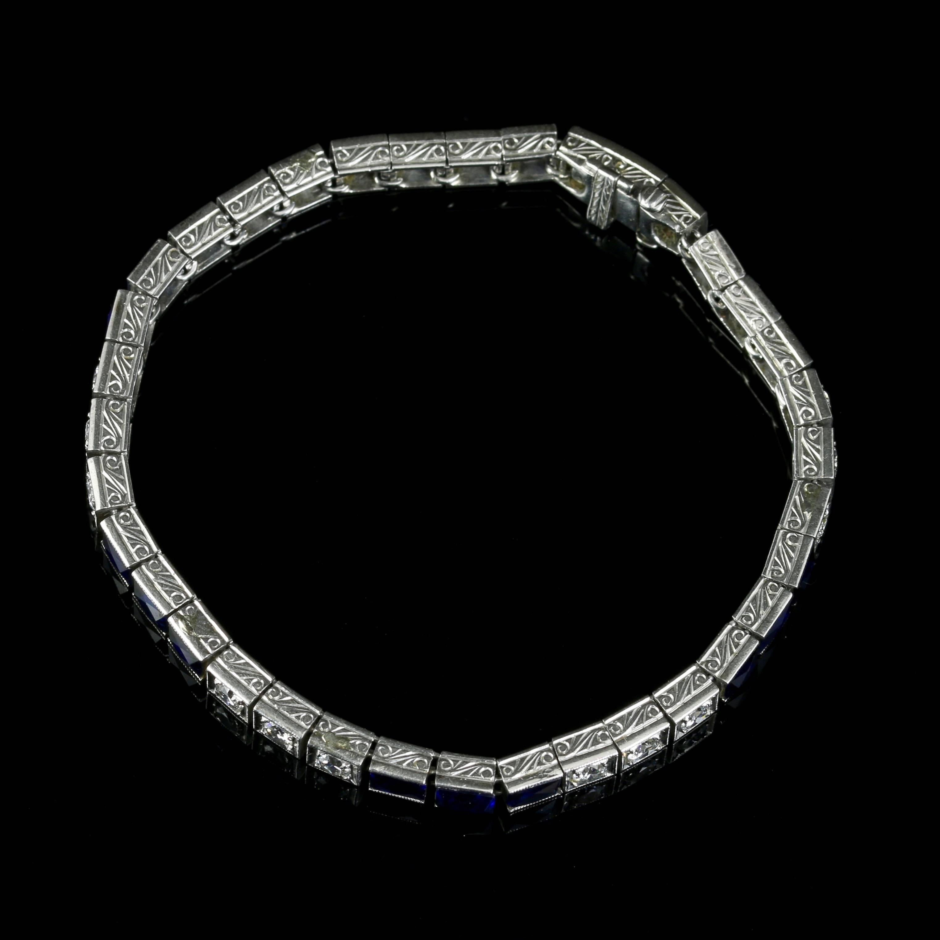 This fabulous Art Deco all Platinum 18ct white gold bracelet is set with 10.80ct of the most beautiful highly prized square cut Sapphires complimented by Old Cut Diamonds.

There are 1.70ct of Diamonds in total, each Diamond is 0.10ct.

Set with the