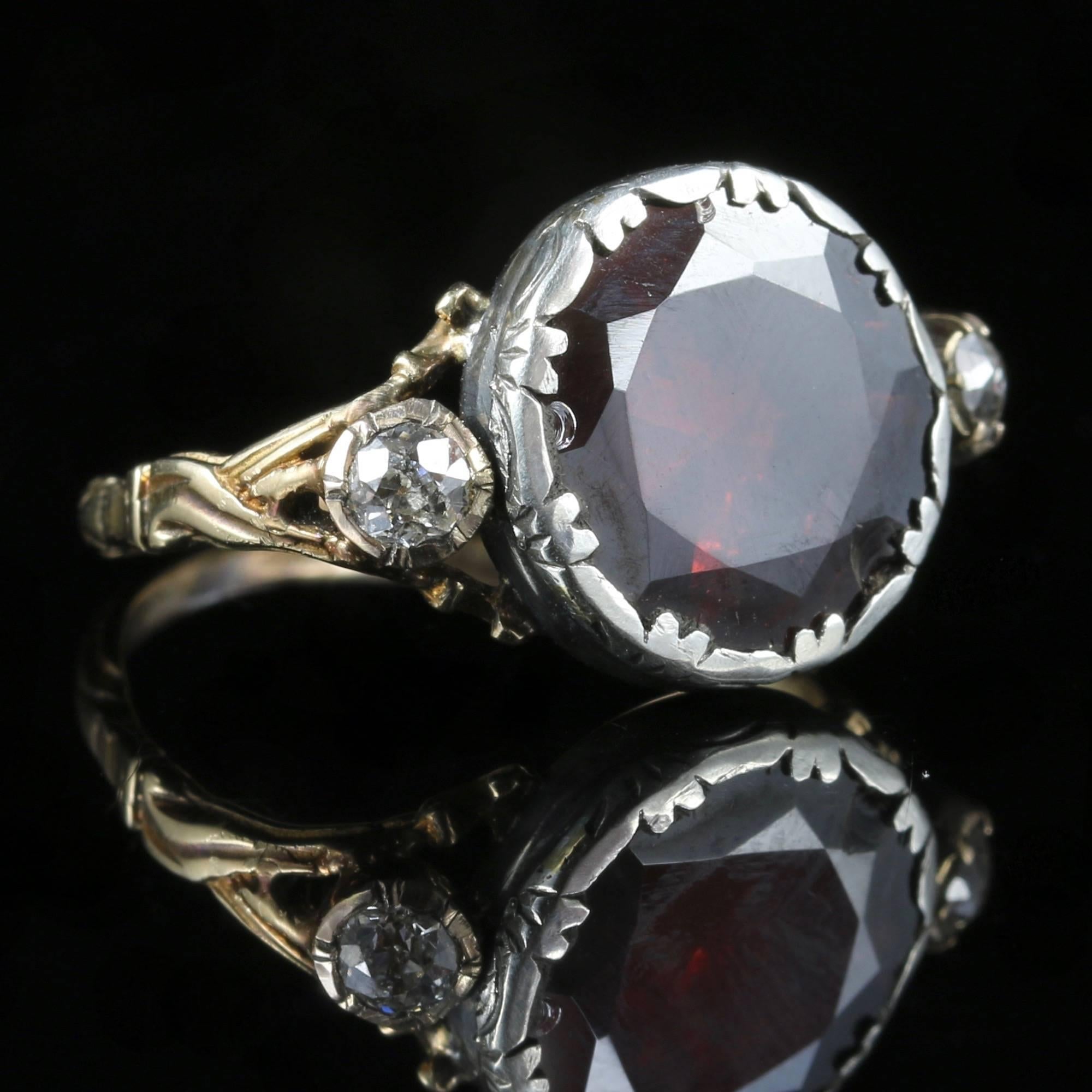 Rose Cut Antique Georgian Flat Top Garnet Diamond Gold Ring