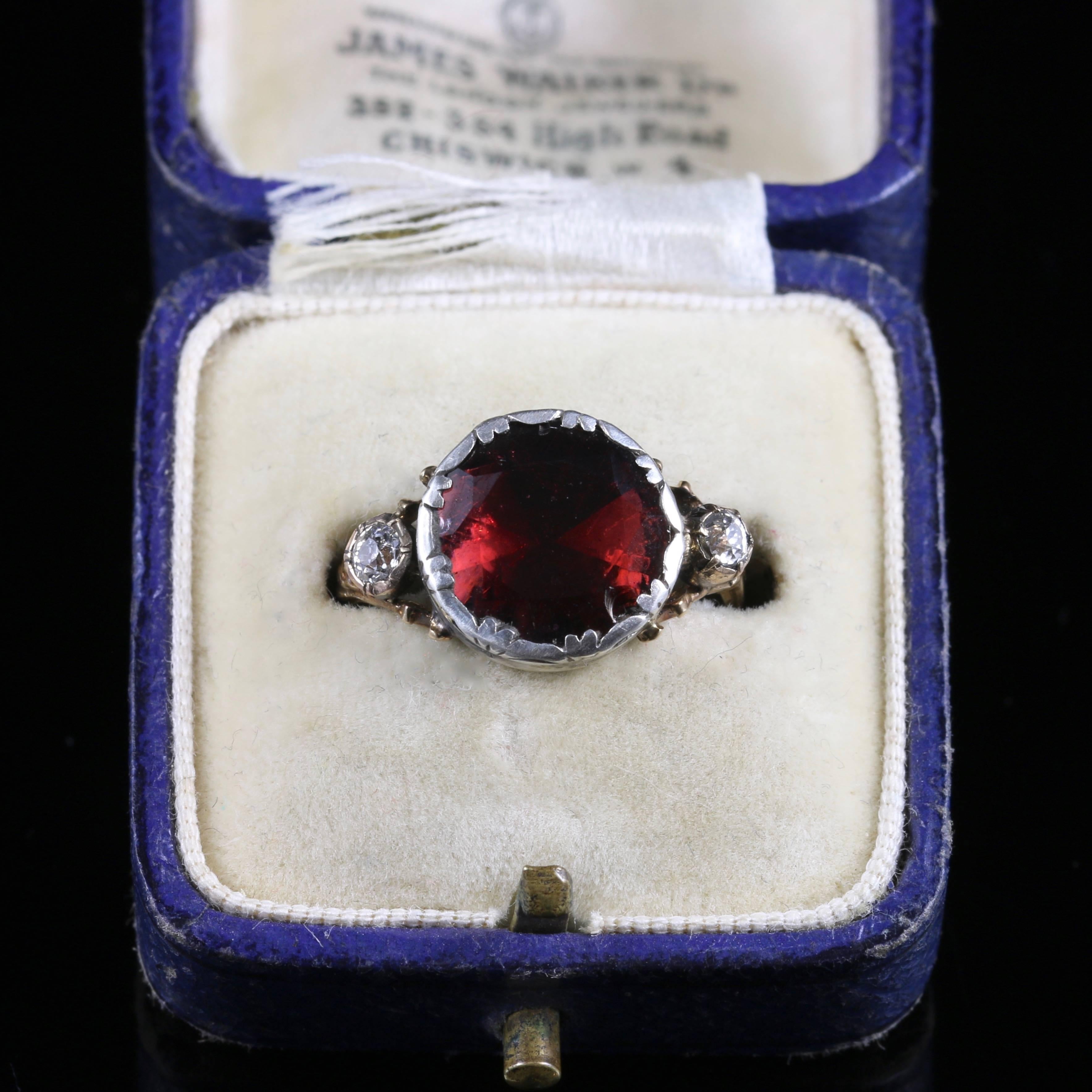 Antique Georgian Flat Top Garnet Diamond Gold Ring In Excellent Condition In Lancaster, Lancashire