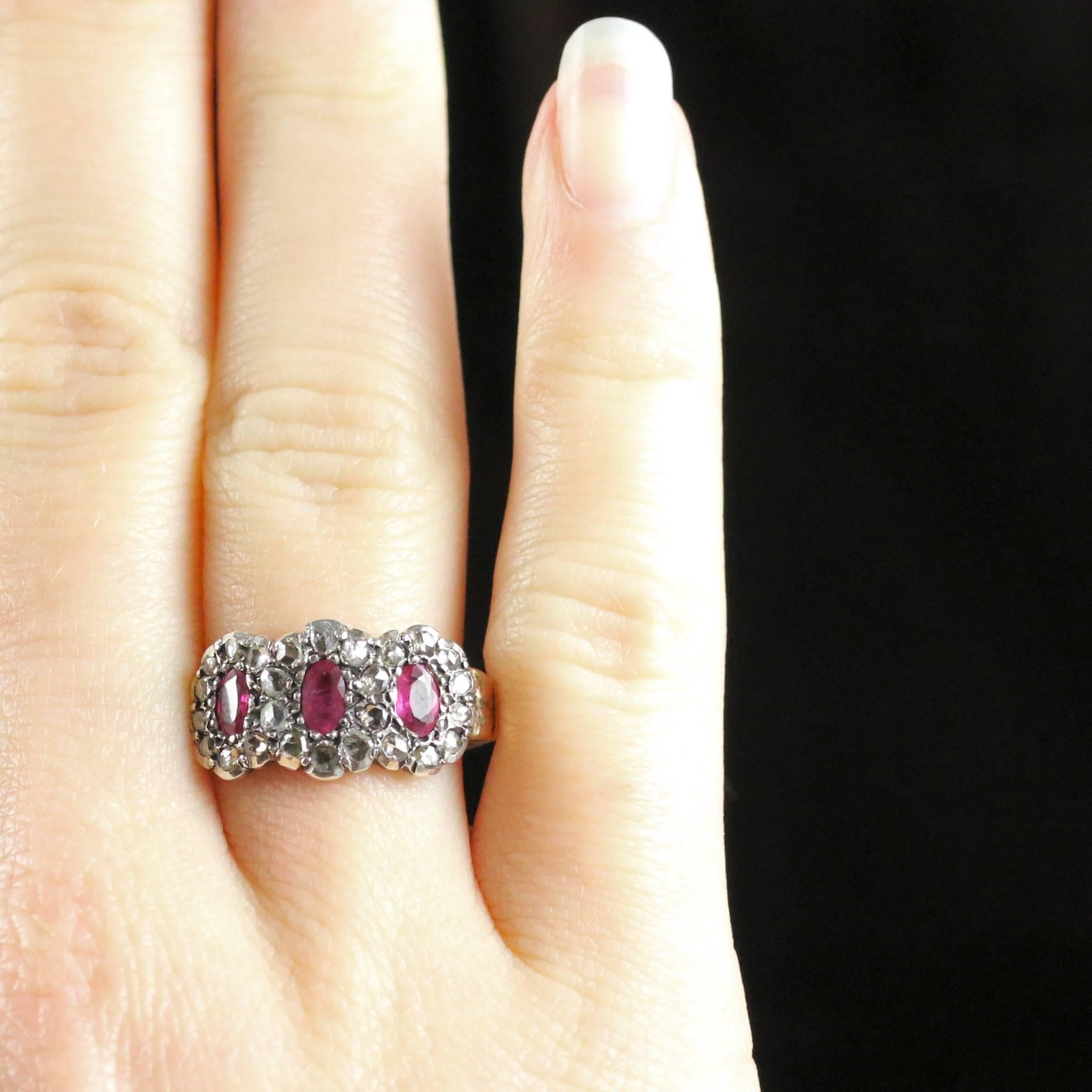 Women's Antique Georgian Ruby Diamond Triple Cluster Ring For Sale