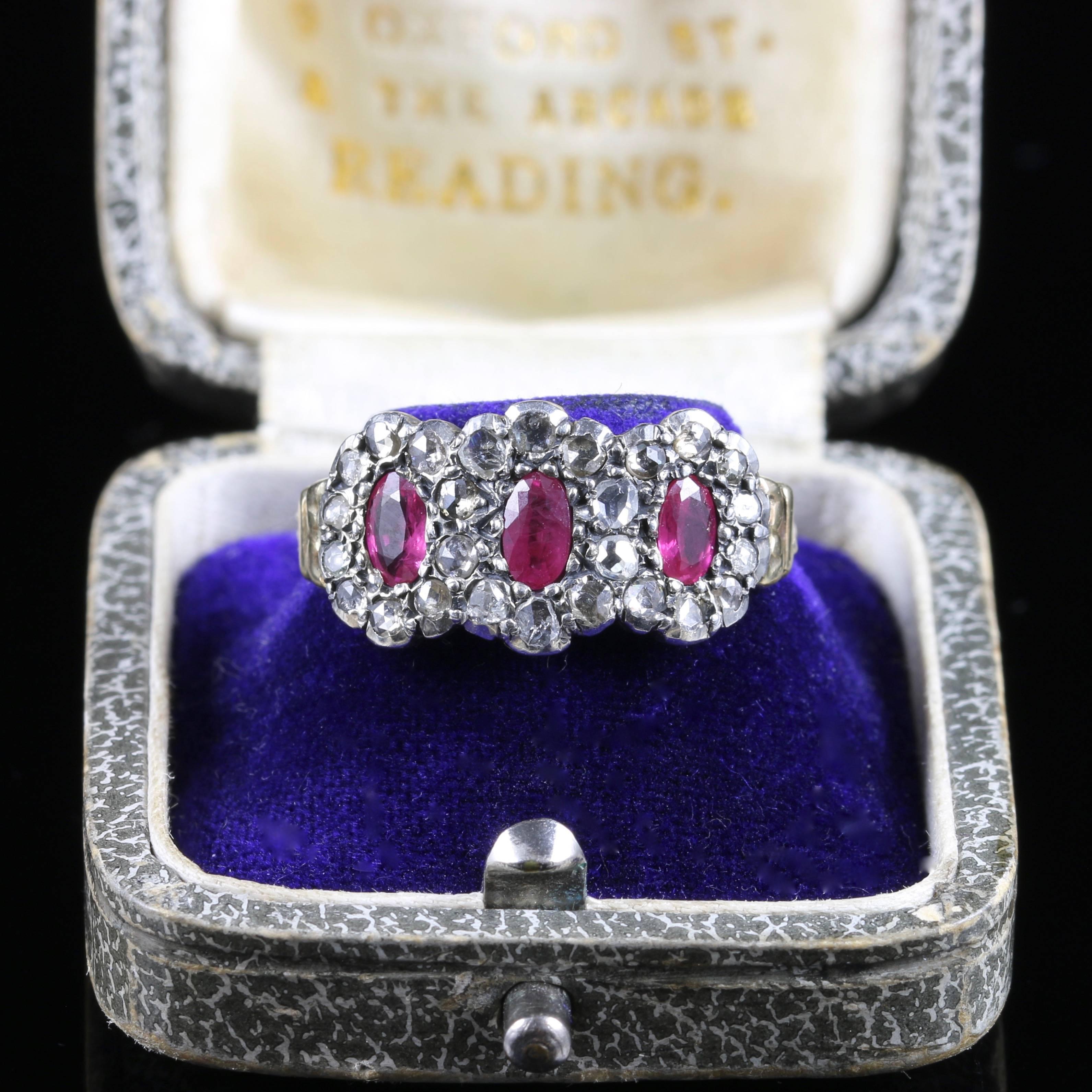 Rose Cut Antique Georgian Ruby Diamond Triple Cluster Ring For Sale