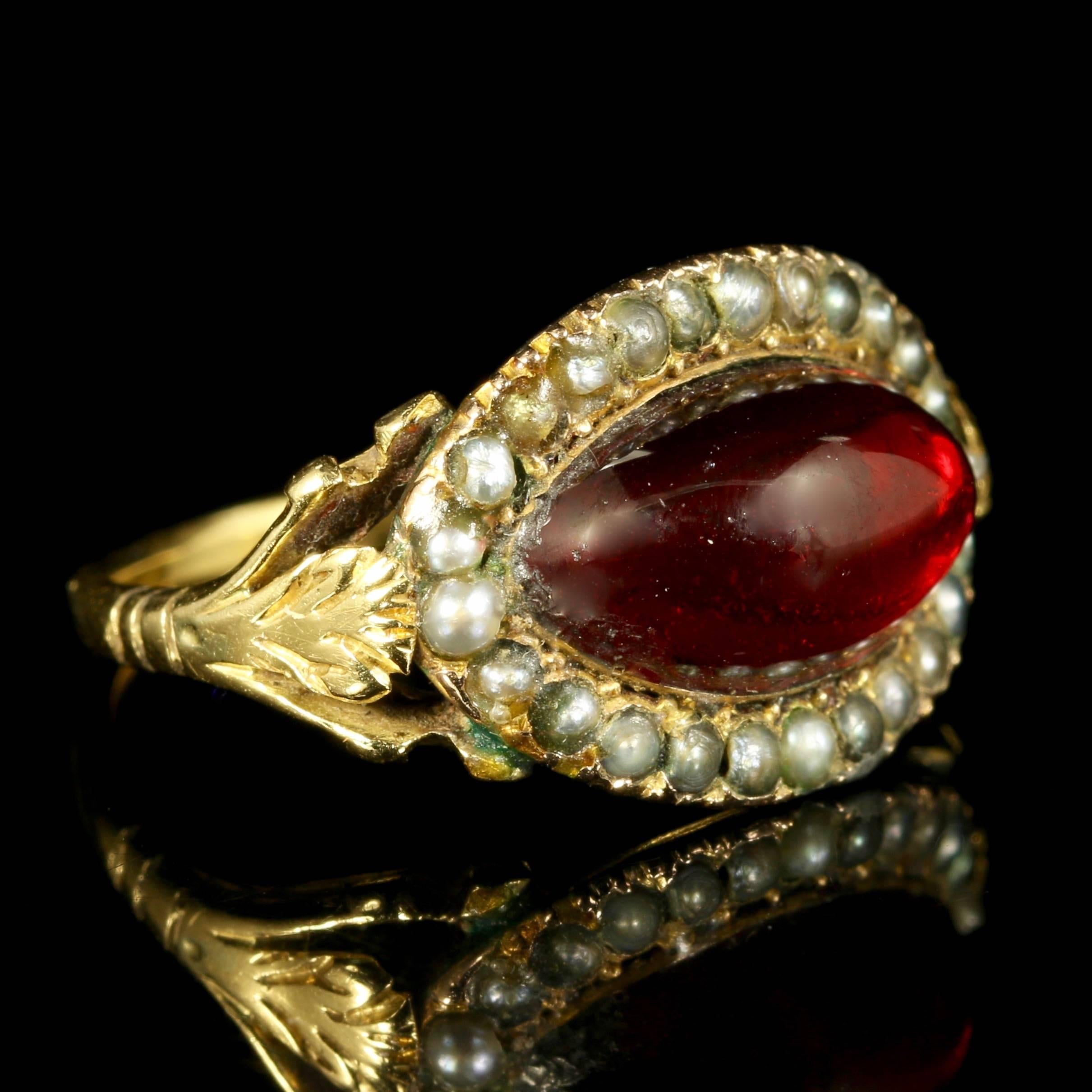 Women's Antique Georgian Garnet Pearl Ring 18 Carat Gold