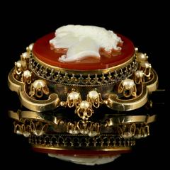 Antique Victorian Hardstone Cameo Brooch 15 Carat Gold Pearls
